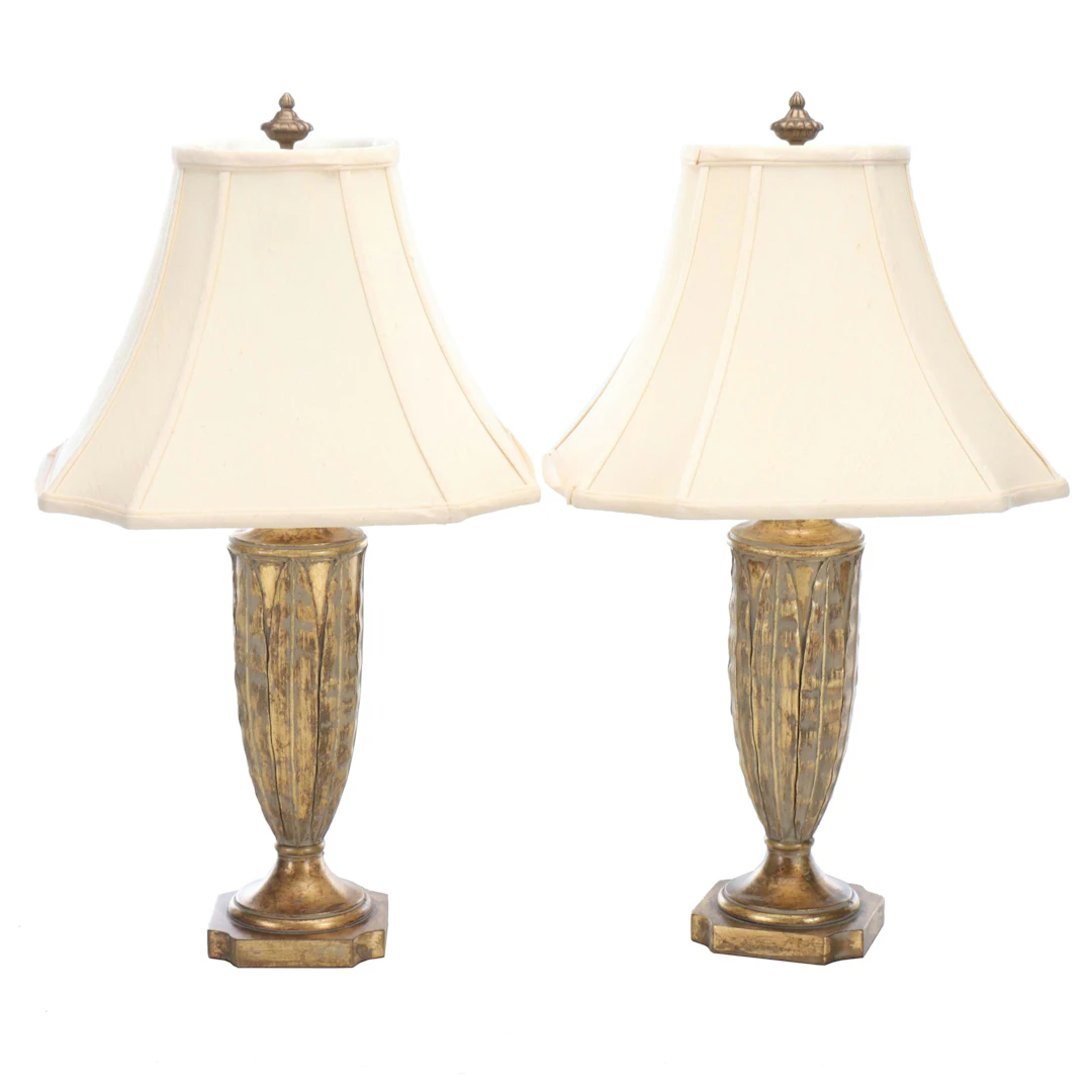 Lampcrafters Mottled Gold Finish Urn Table Lamps with Silk Cut Corner Shades