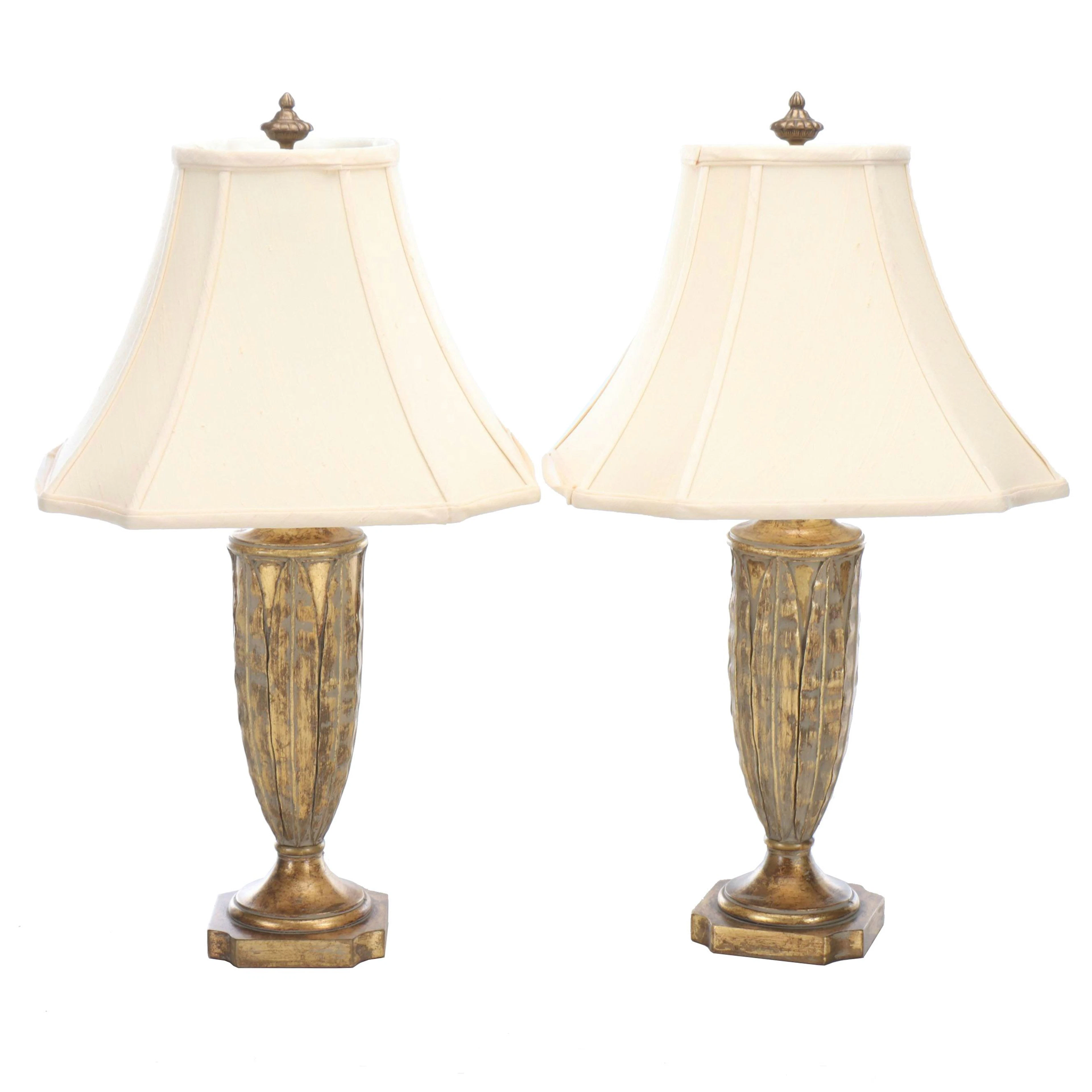 Lampcrafters Mottled Gold Finish Urn Table Lamps with Silk Cut Corner Shades