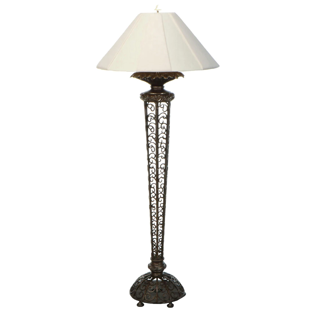 Leeazanne Scrollwork Metal Cage Pillar Floor Lamp with Box Pleat Moiré Shade