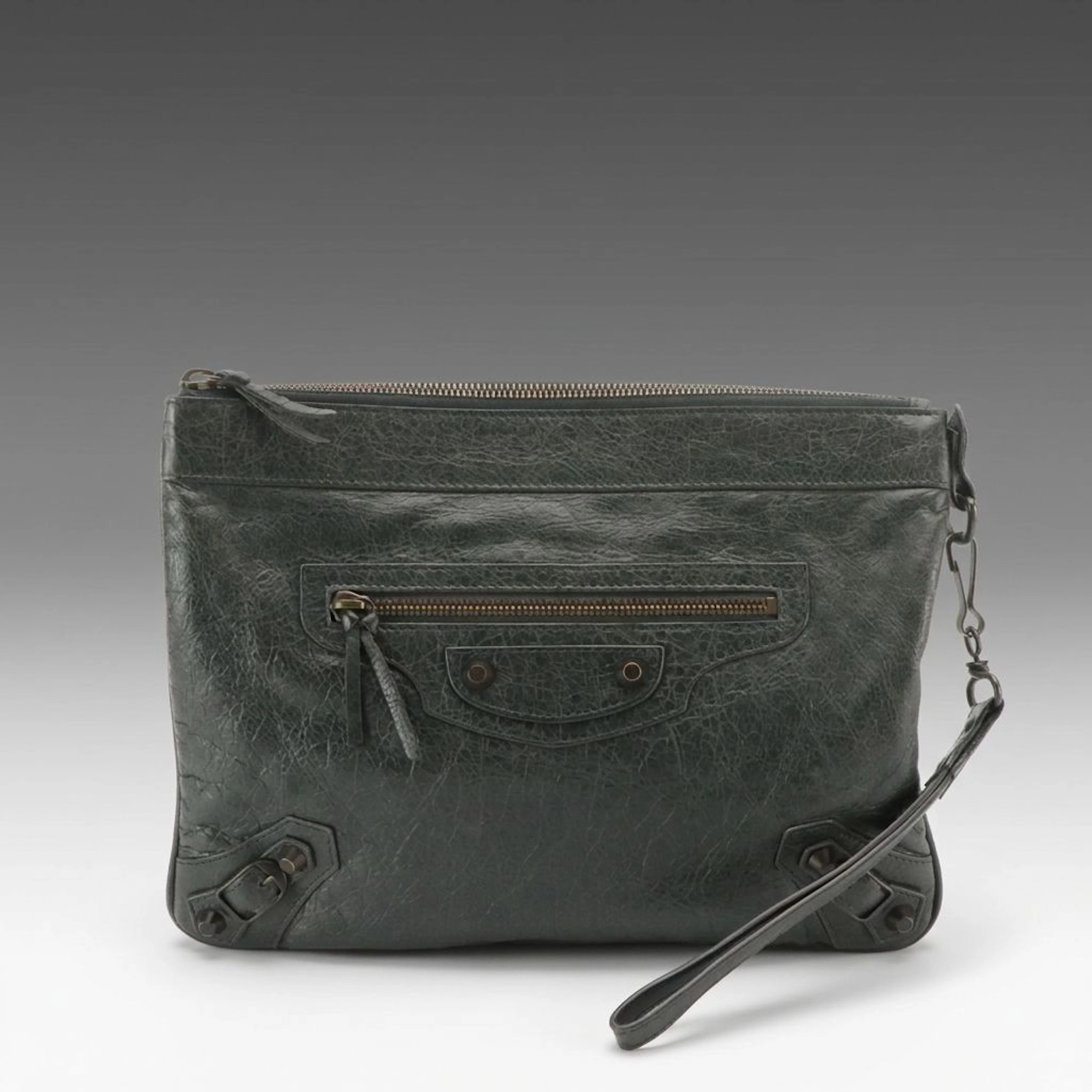 Balenciaga Motocross Giant 12 Zip Clutch in Dark Grey Crinkled Lambskin