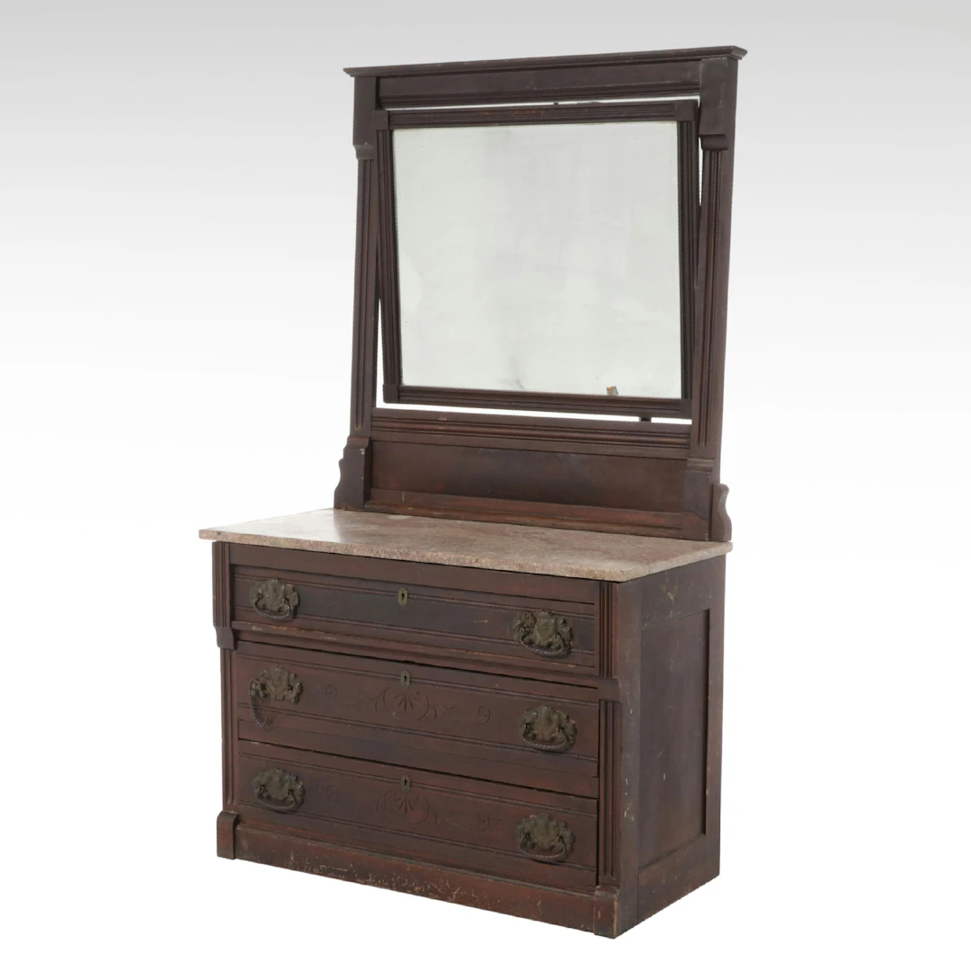 Eastlake Style Carved Walnut and Marble-Top Dresser with Swivel Mirror