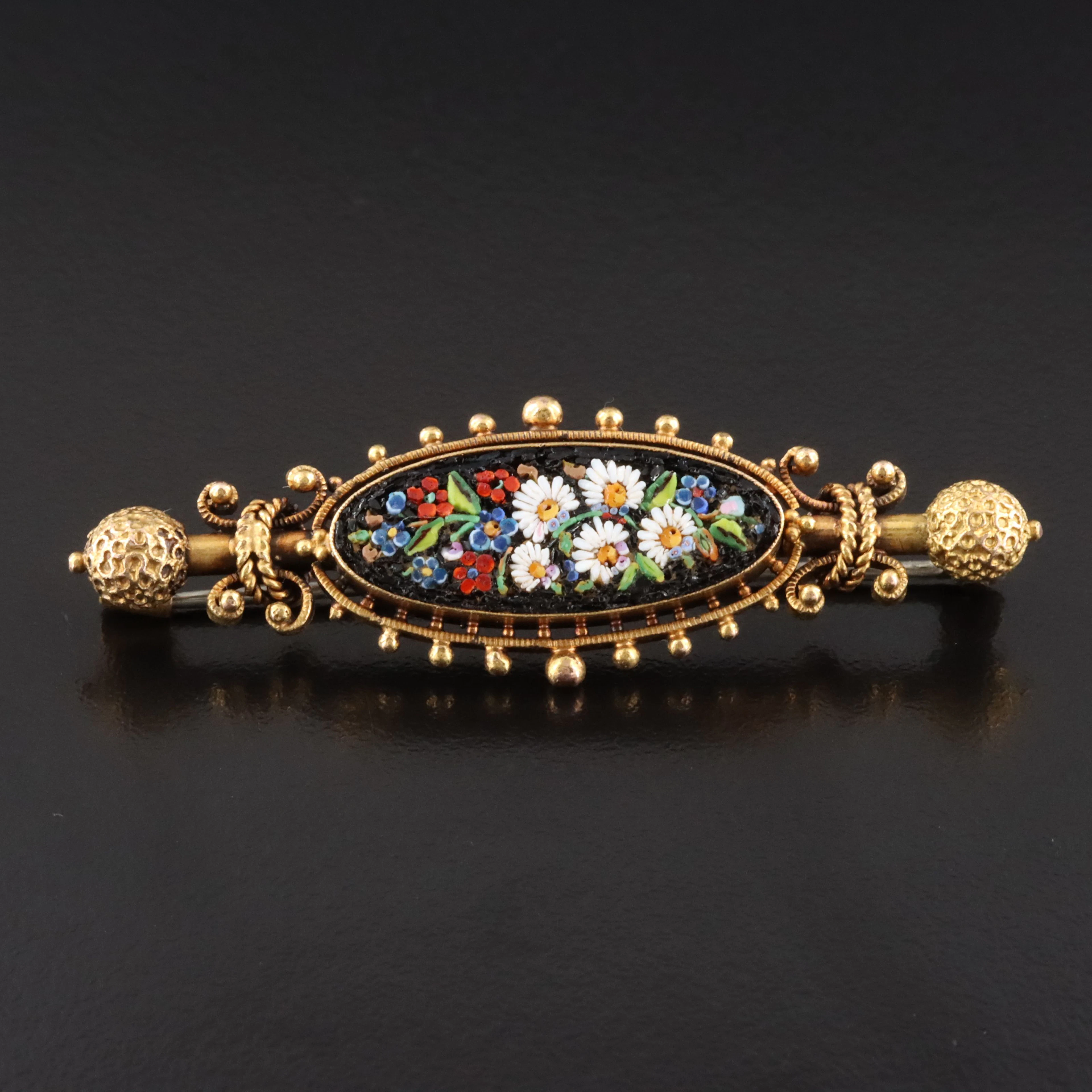 Victorian Etruscan Revival 14K Glass Micromosaic Floral Bar Brooch