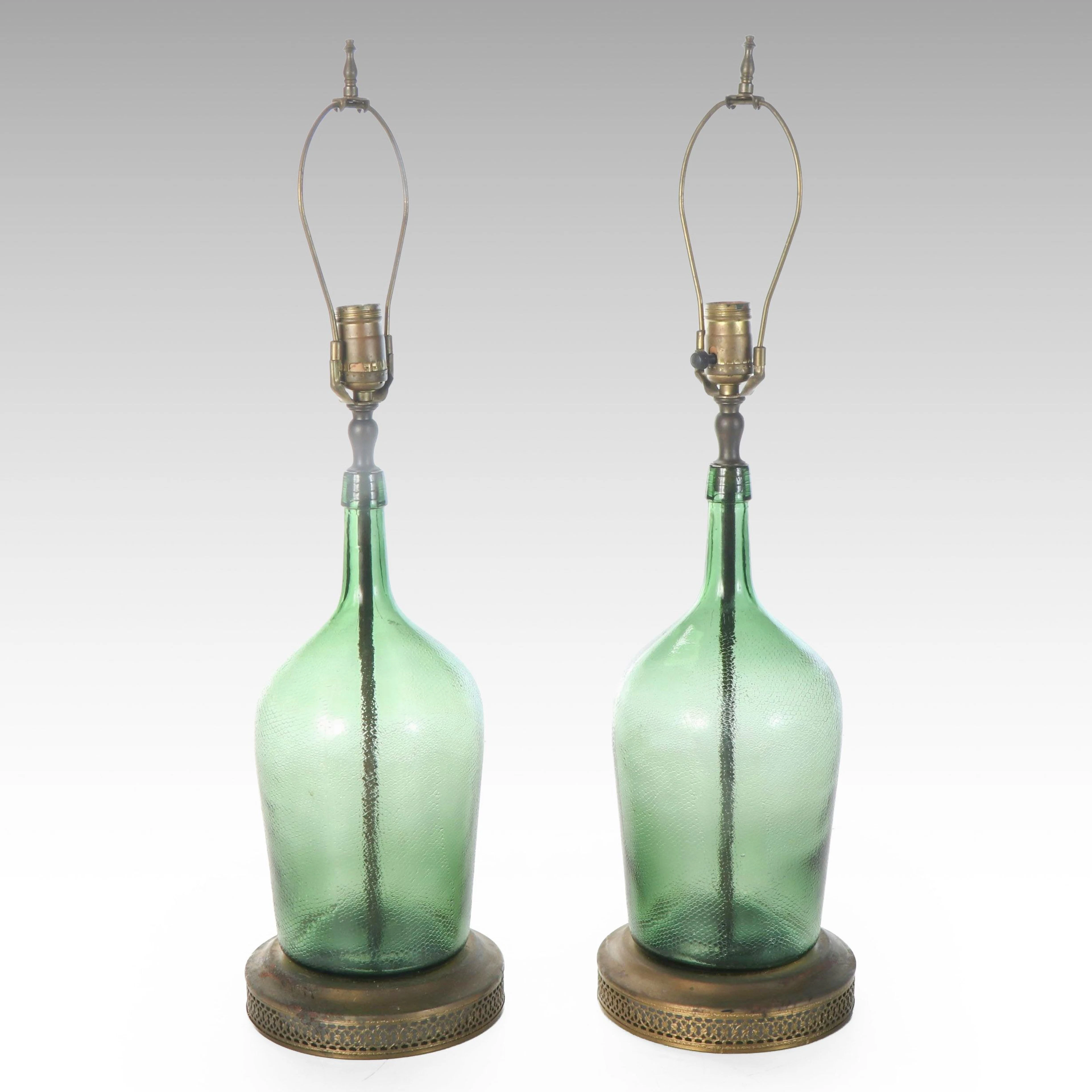 Pair of Green Glass Demijohn Table Lamps, Vintage