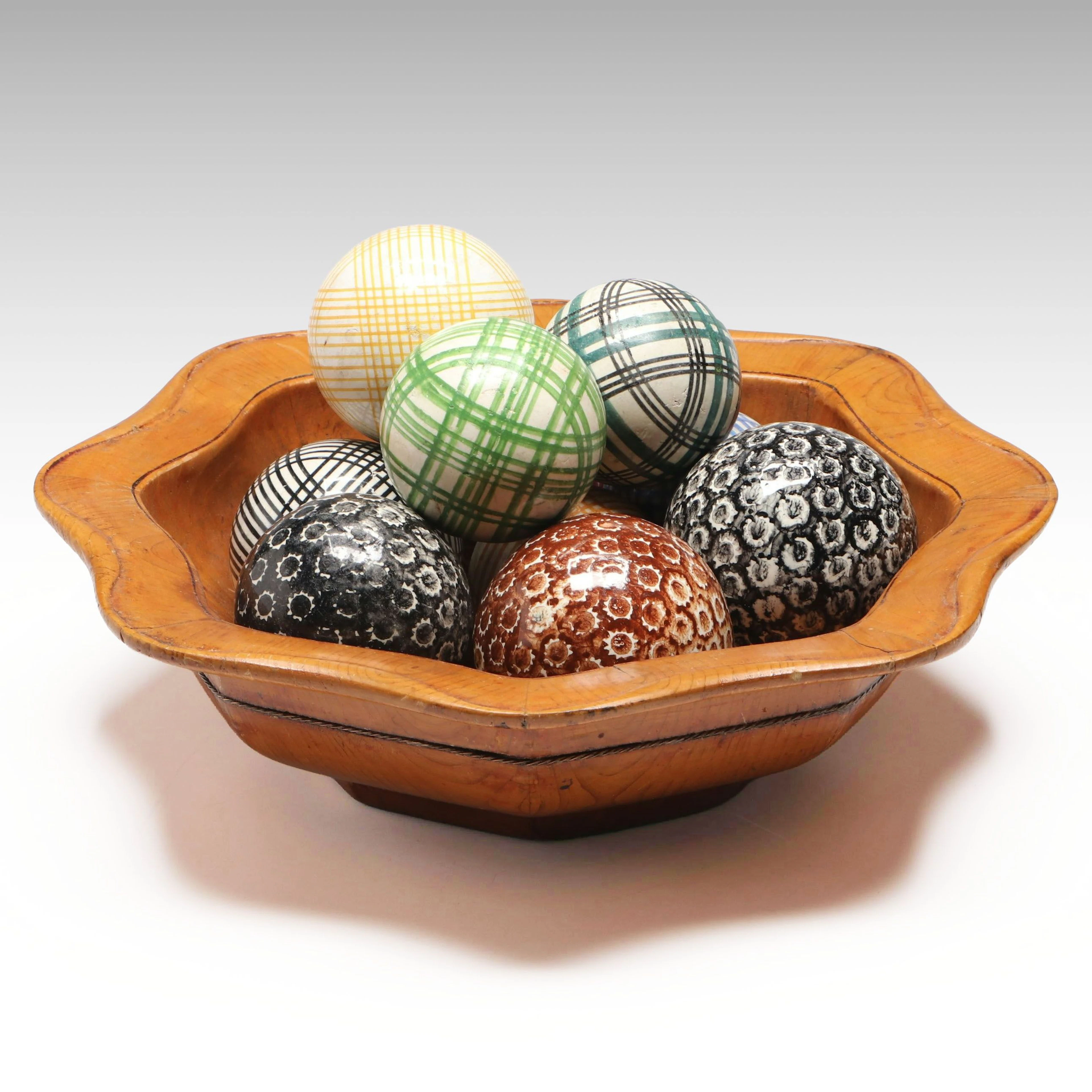 Antique Japanese Wood Bowl with Antique Ceramic Carpet Balls