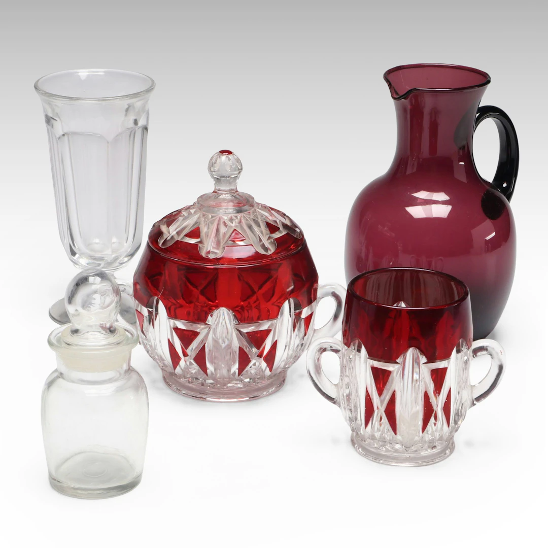 Bohemian Style Ruby Red to Clear Glass Candy Dish and Sugar with More Tableware