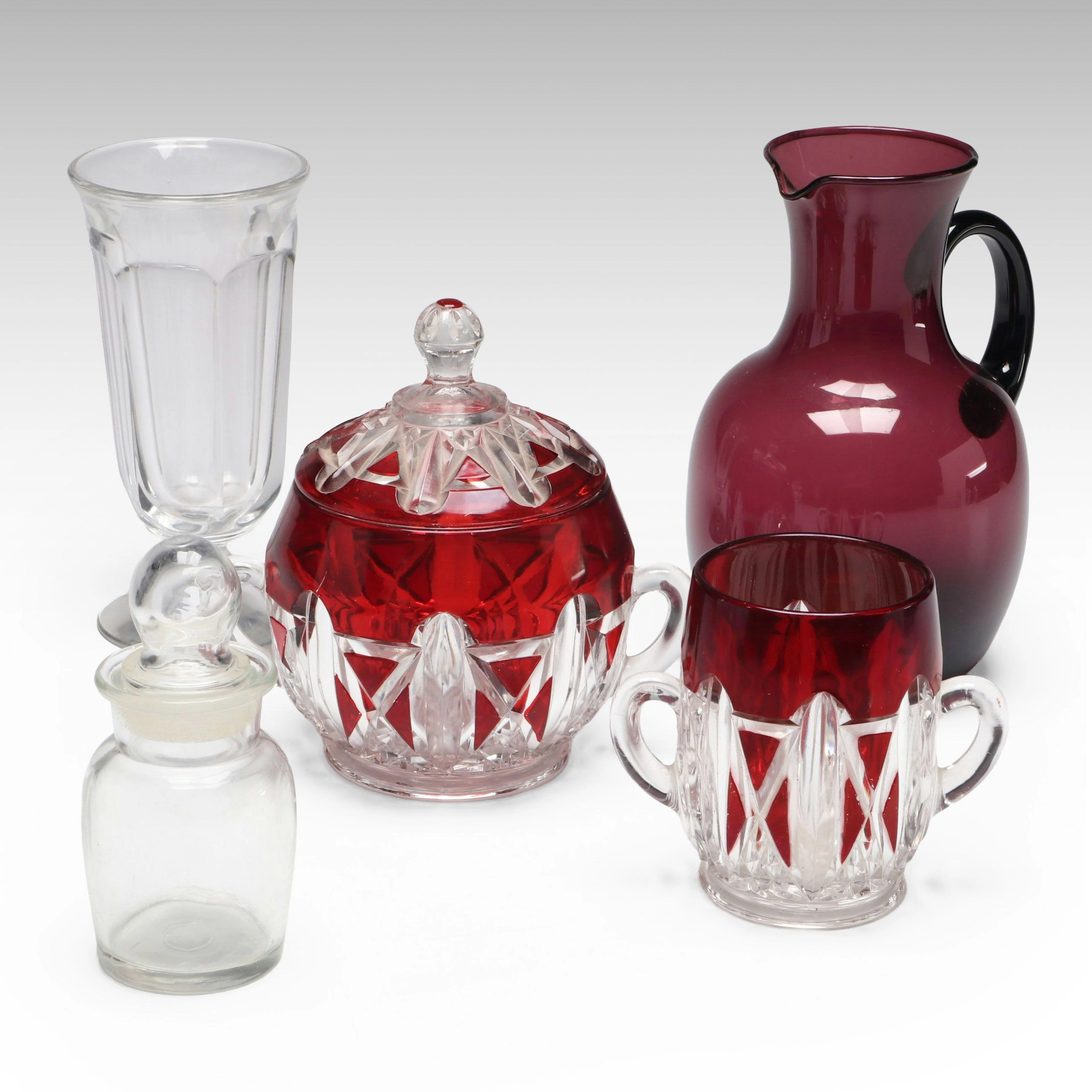Bohemian Style Ruby Red to Clear Glass Candy Dish and Sugar with More Tableware