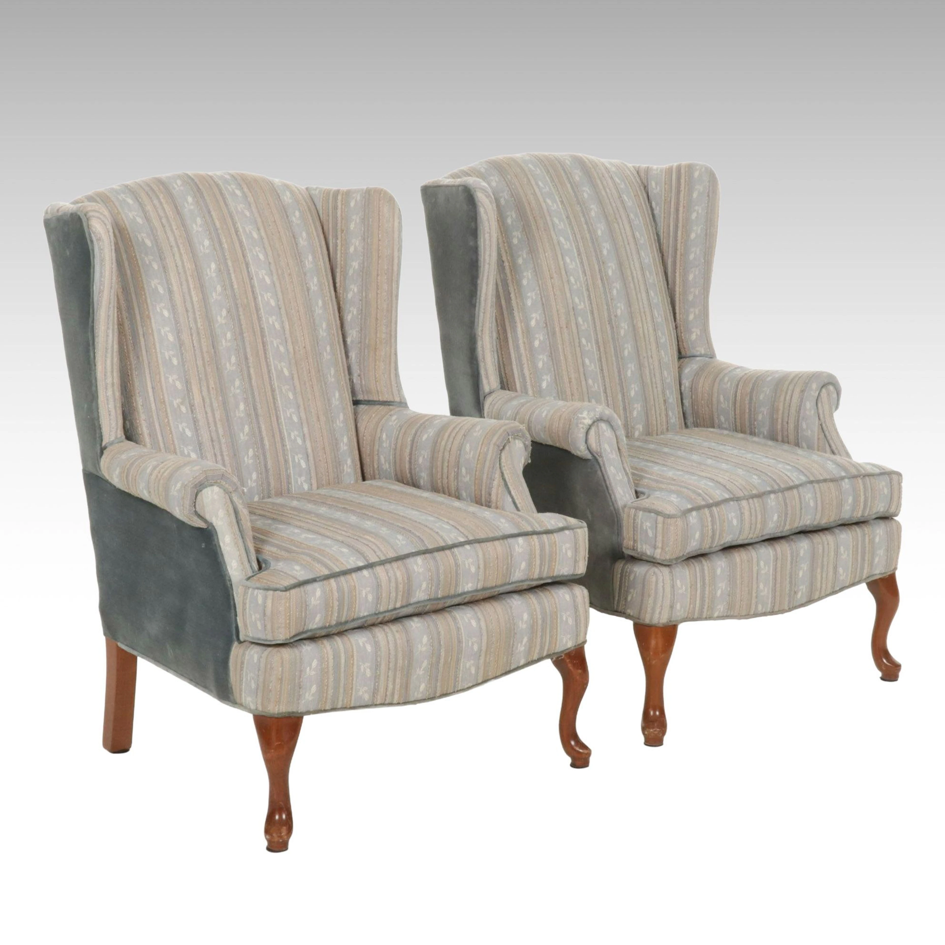 Pair of Hickory Hill Queen Anne Style Wingback Armchairs, Late 20th Century