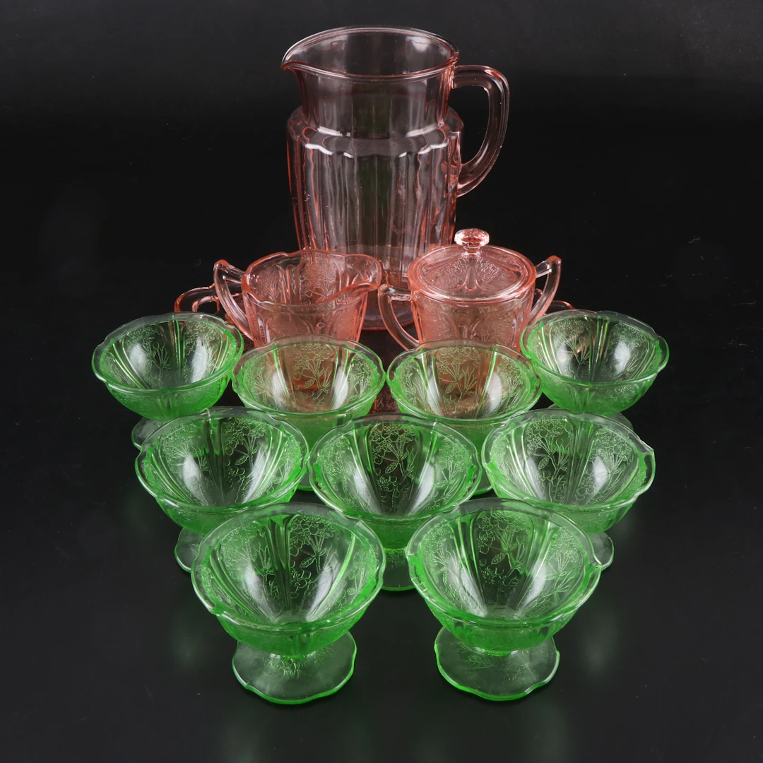 Jeannette "Cherry Blossom" Vaseline and Pink Glass with Anchor Hocking Pitcher