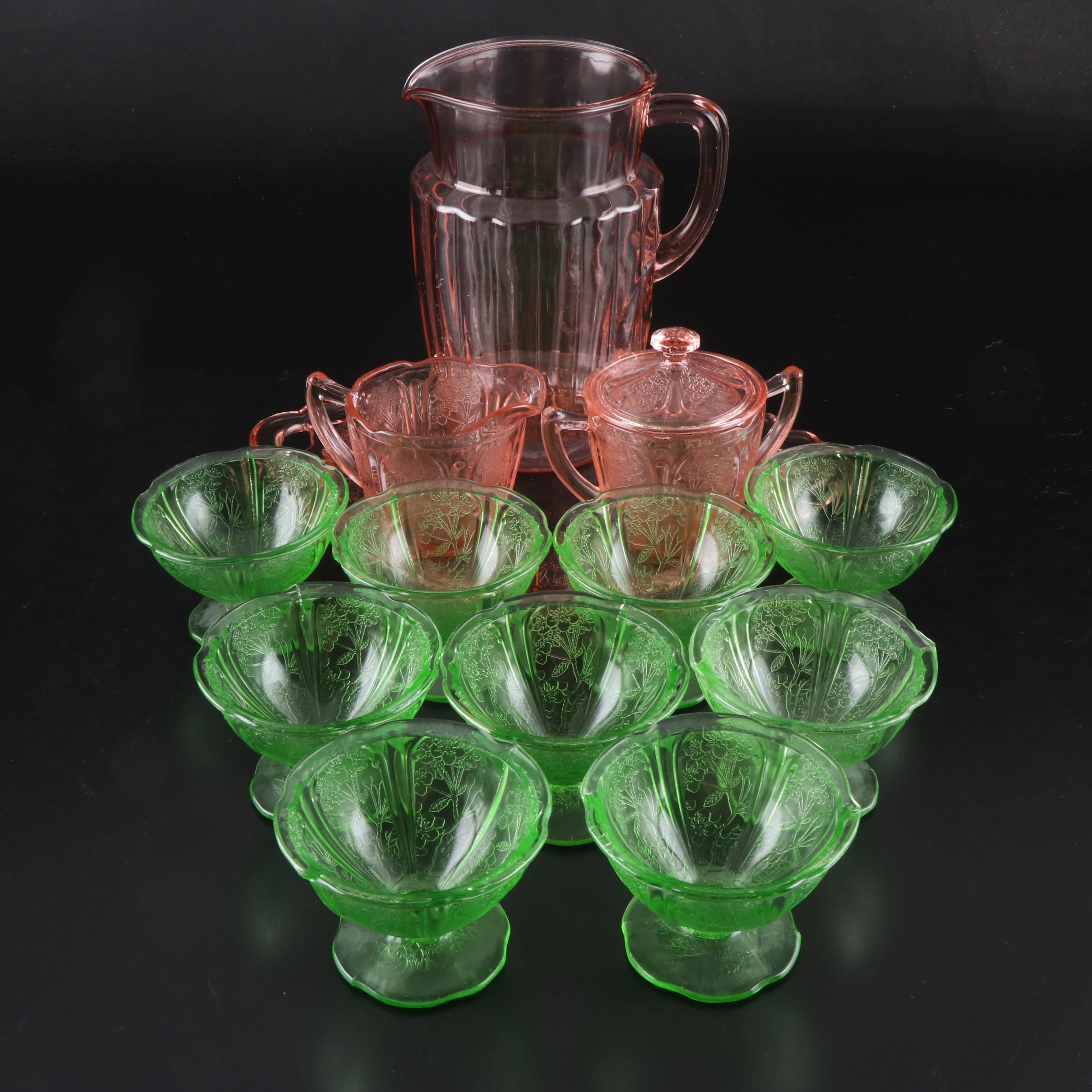 Jeannette "Cherry Blossom" Vaseline and Pink Glass with Anchor Hocking Pitcher