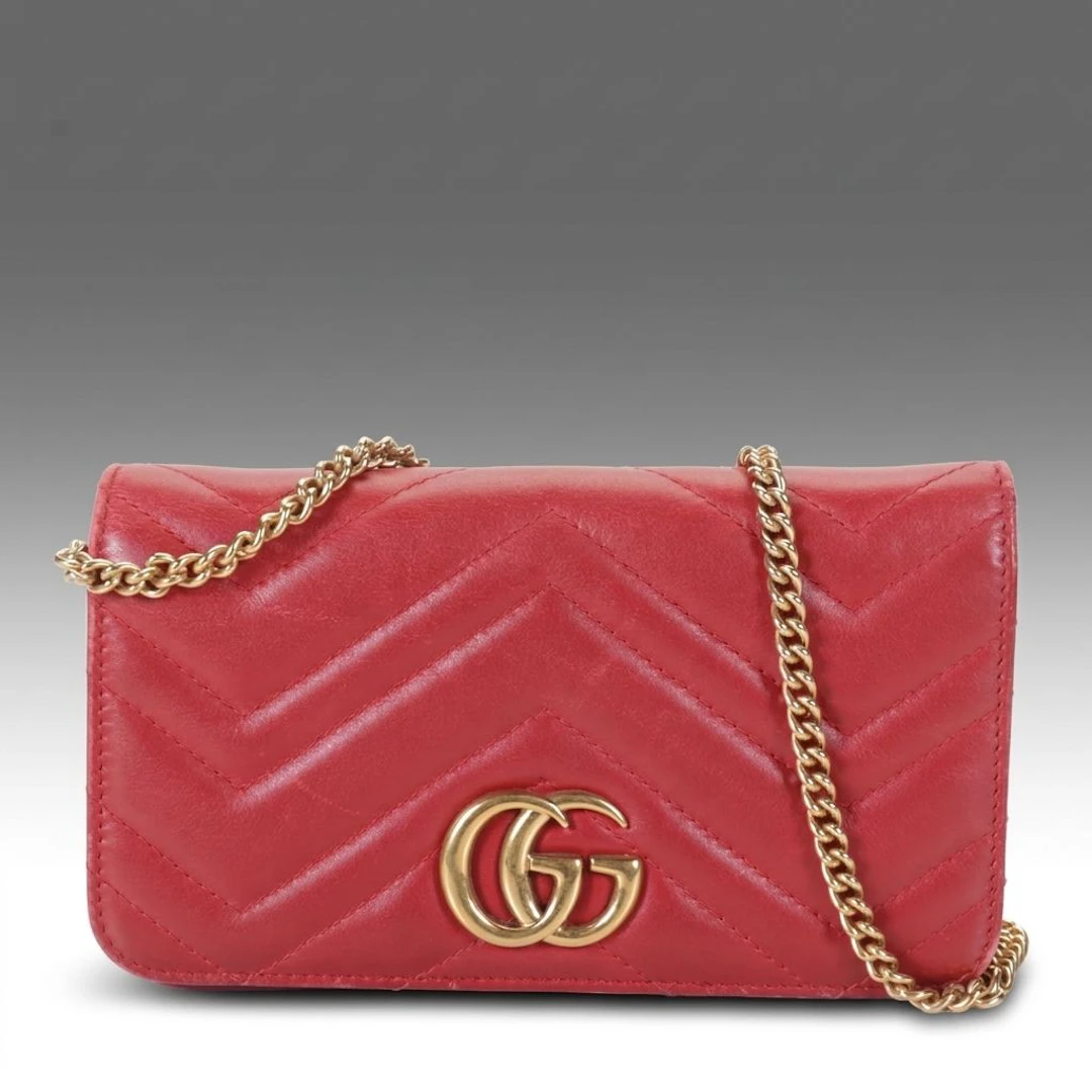 Gucci GG Marmont Chain Wallet Clutch in Red Matelassé Calfskin Leather