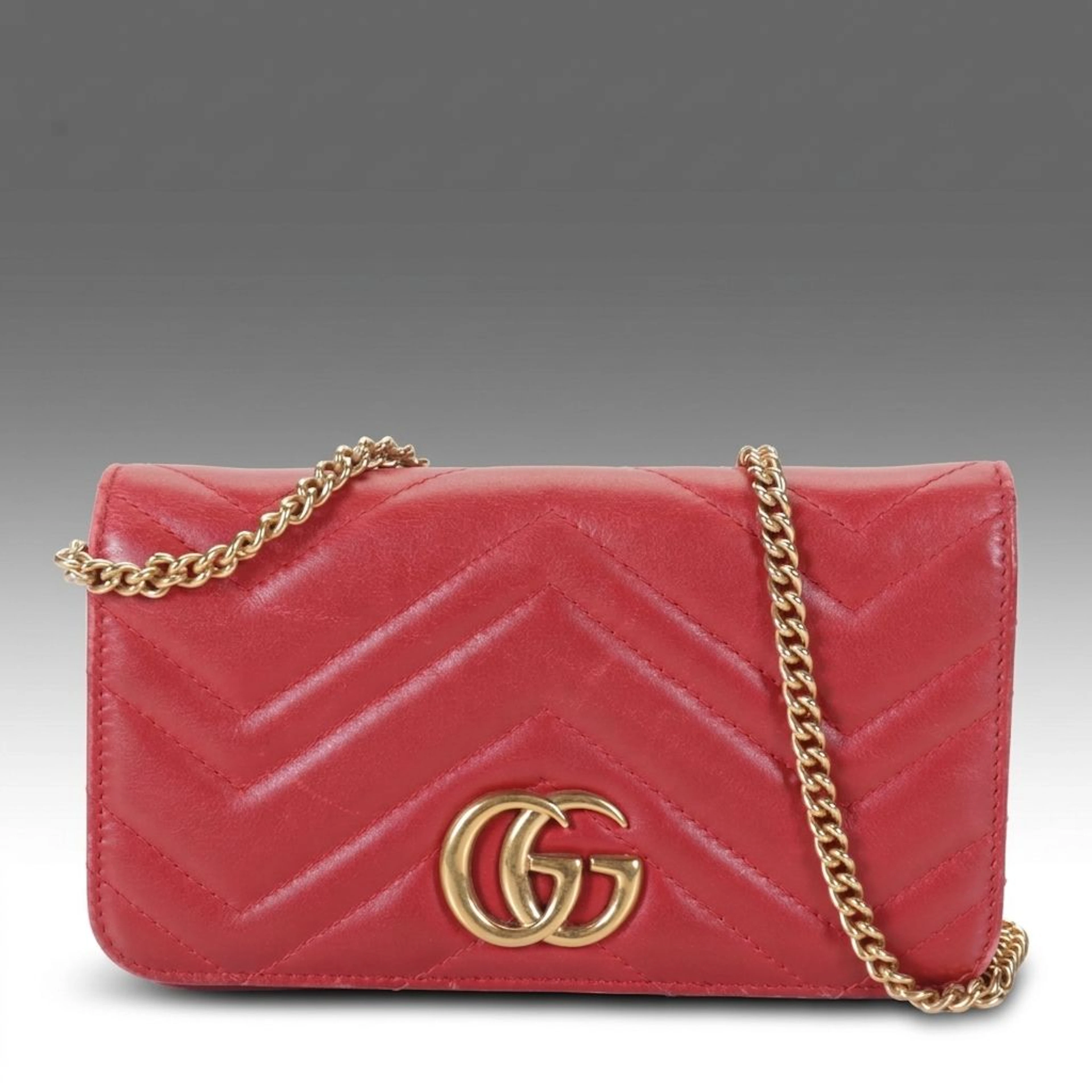 Gucci GG Marmont Chain Wallet Clutch in Red Matelassé Calfskin Leather