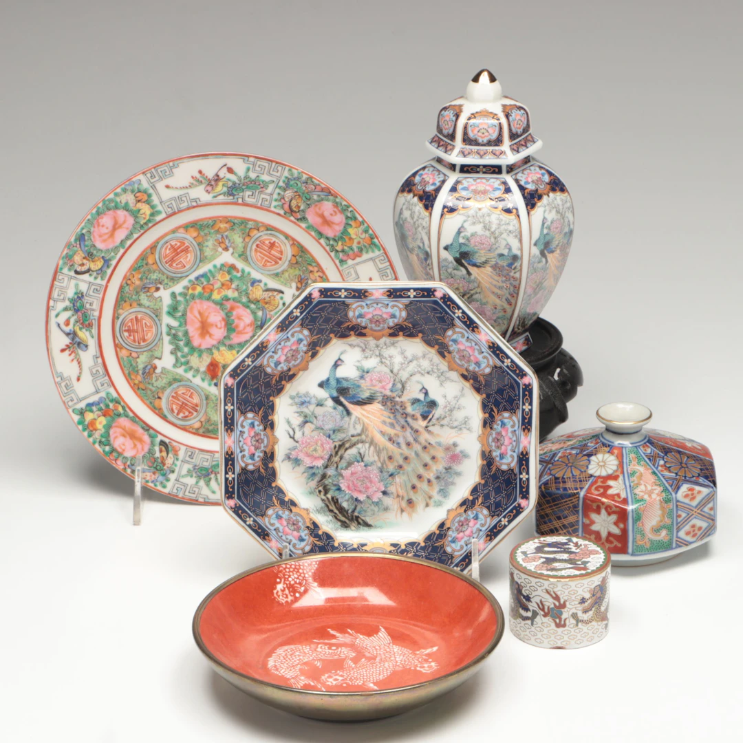 Japanese Hand-Painted Floral Peacock Porcelain Urn and Plate with More Décor