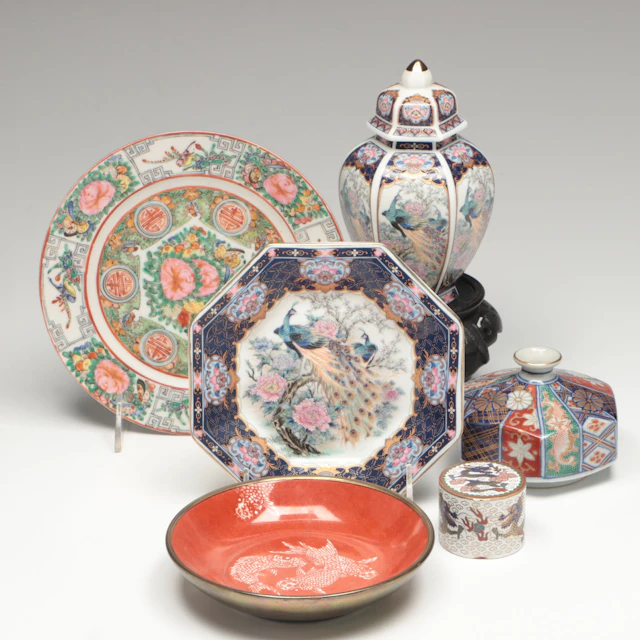 Japanese Hand-Painted Floral Peacock Porcelain Urn and Plate with More Décor