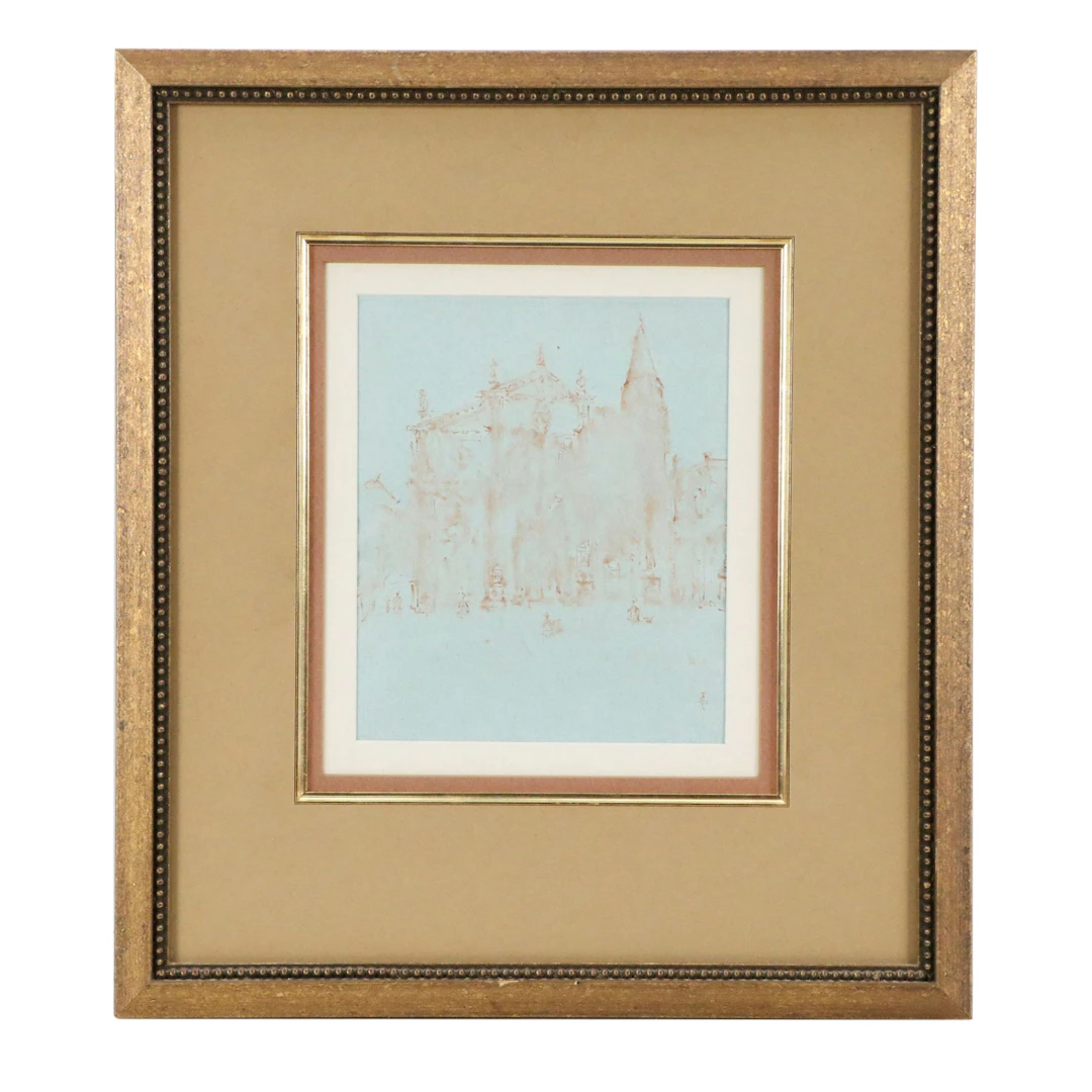 Stylized Architectural Watercolor Painting of City Scene