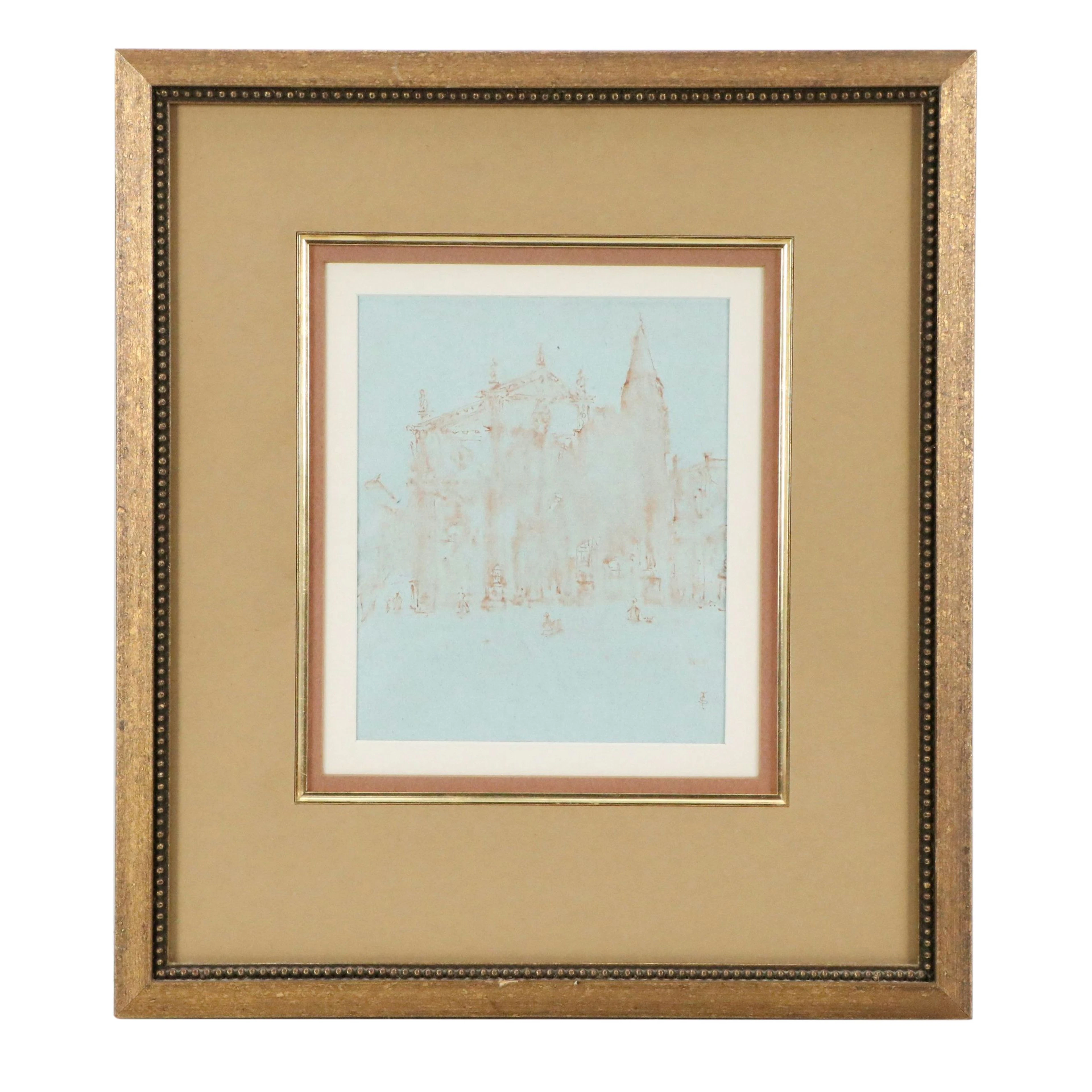 Stylized Architectural Watercolor Painting of City Scene