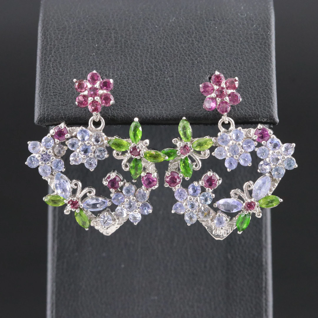 Sterling Tanzanite, Rhodolite Garnet, and Diopside Dangle Earrings