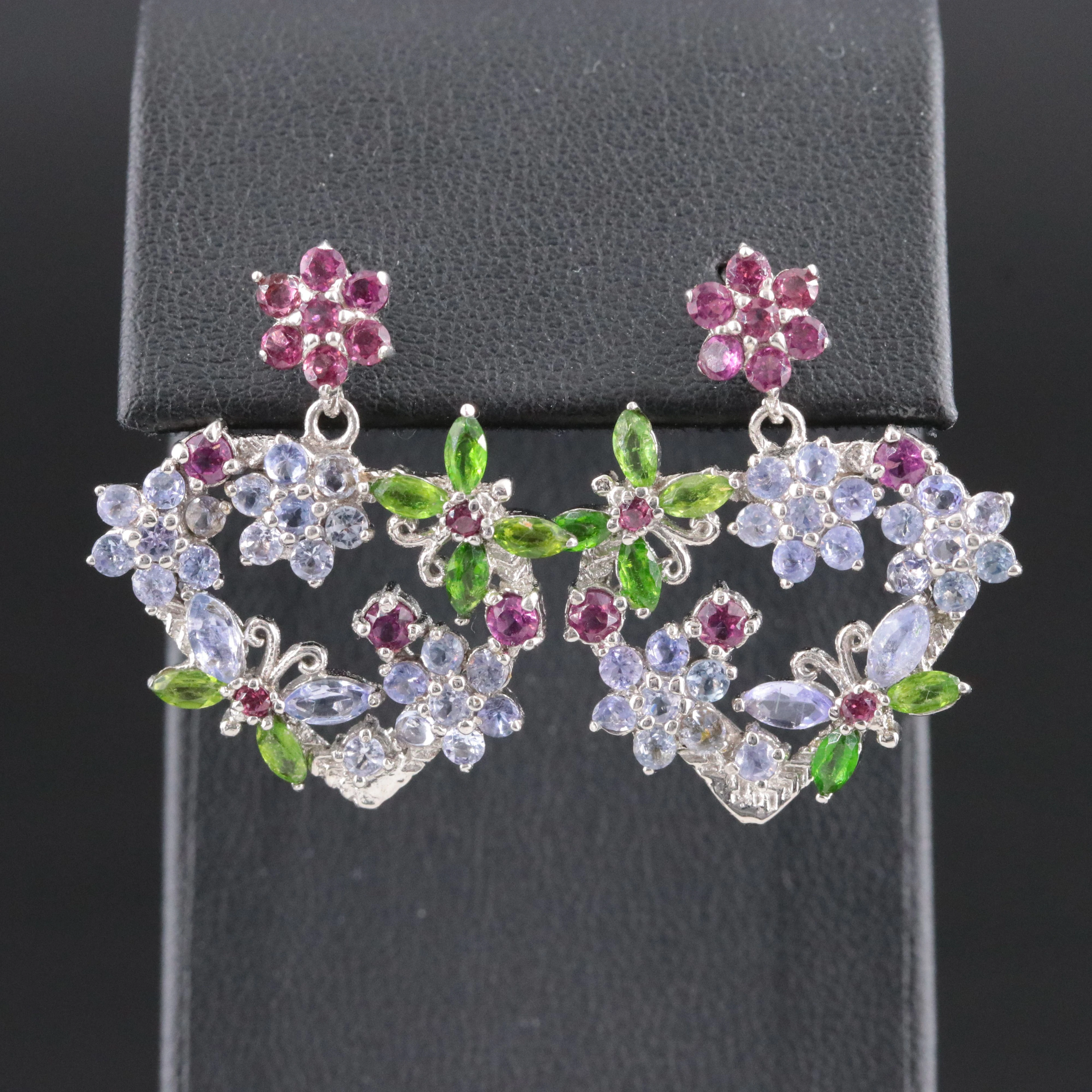 Sterling Tanzanite, Rhodolite Garnet, and Diopside Dangle Earrings