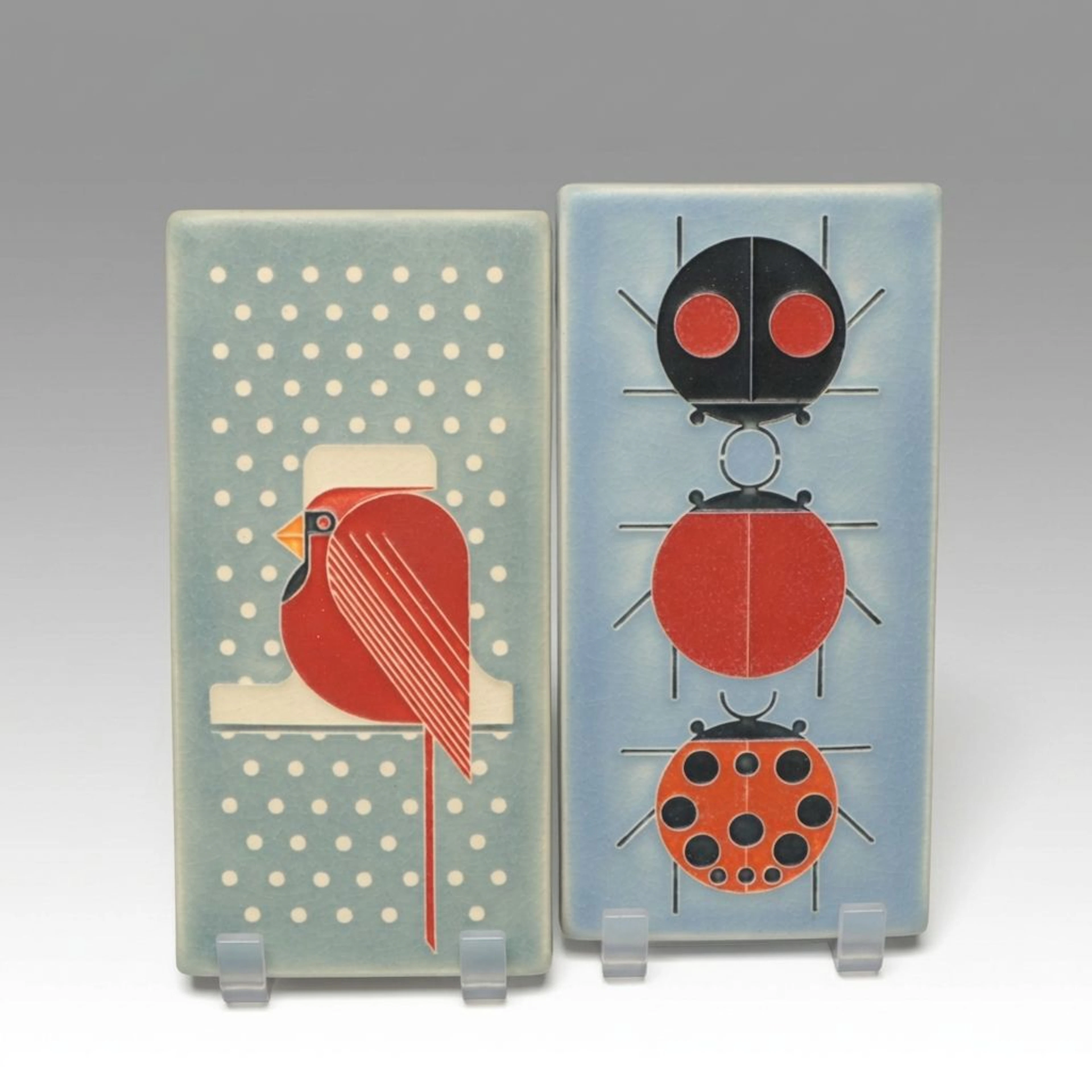 Motwai "Ladybug Sample" and "Cool Cardinal" Ceramic Tiles After Charley Harper