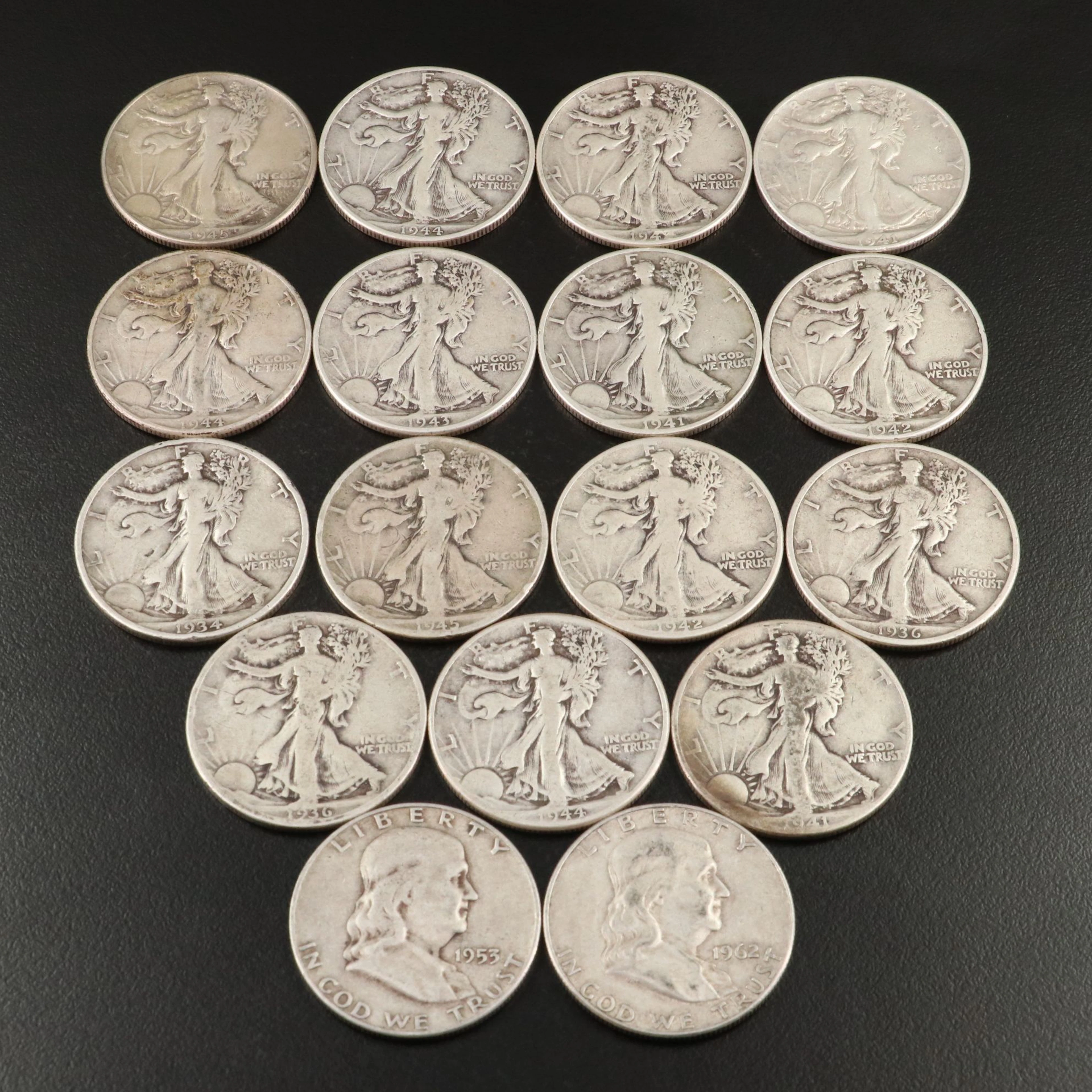 Fifteen Walking Liberty Half Dollars and Two Franklin Half Dollars