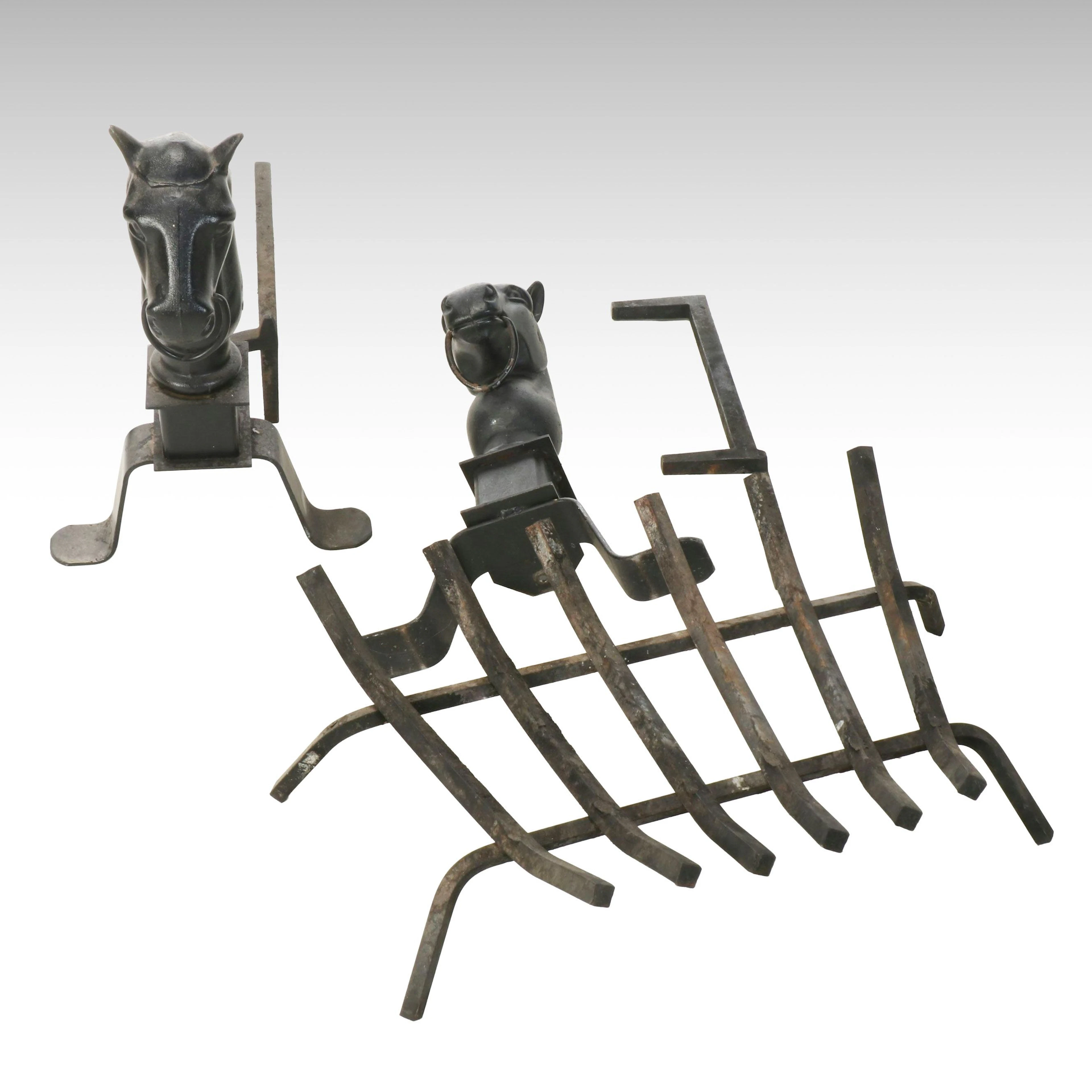 Cast Iron Horse Head Andirons with Fireplace Grate, 21st Century