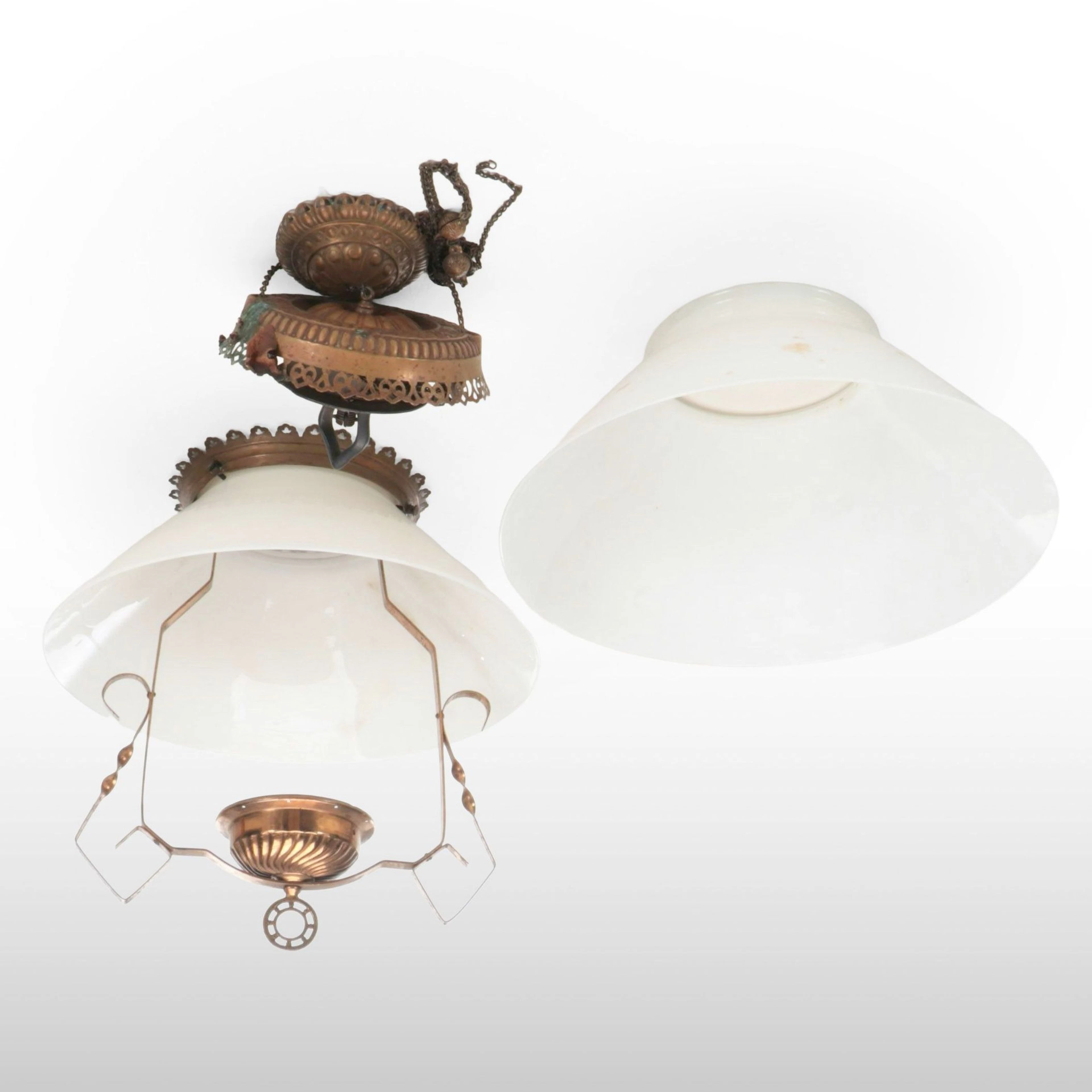 Victorian Brass Hanging Library Lamp with Milk Glass Shades