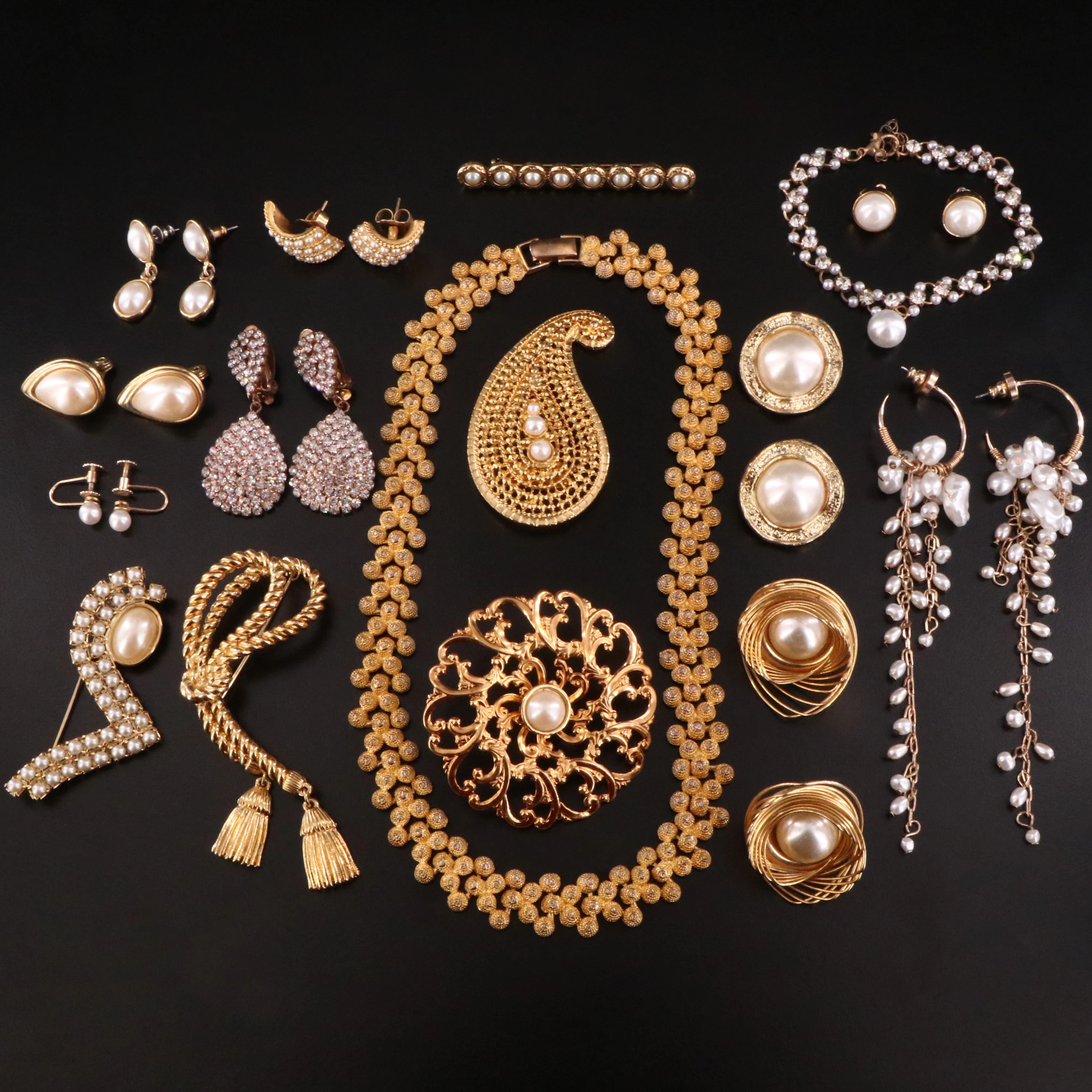 Rhinestone & Faux Pearl Jewelry Collection Including Krementz
