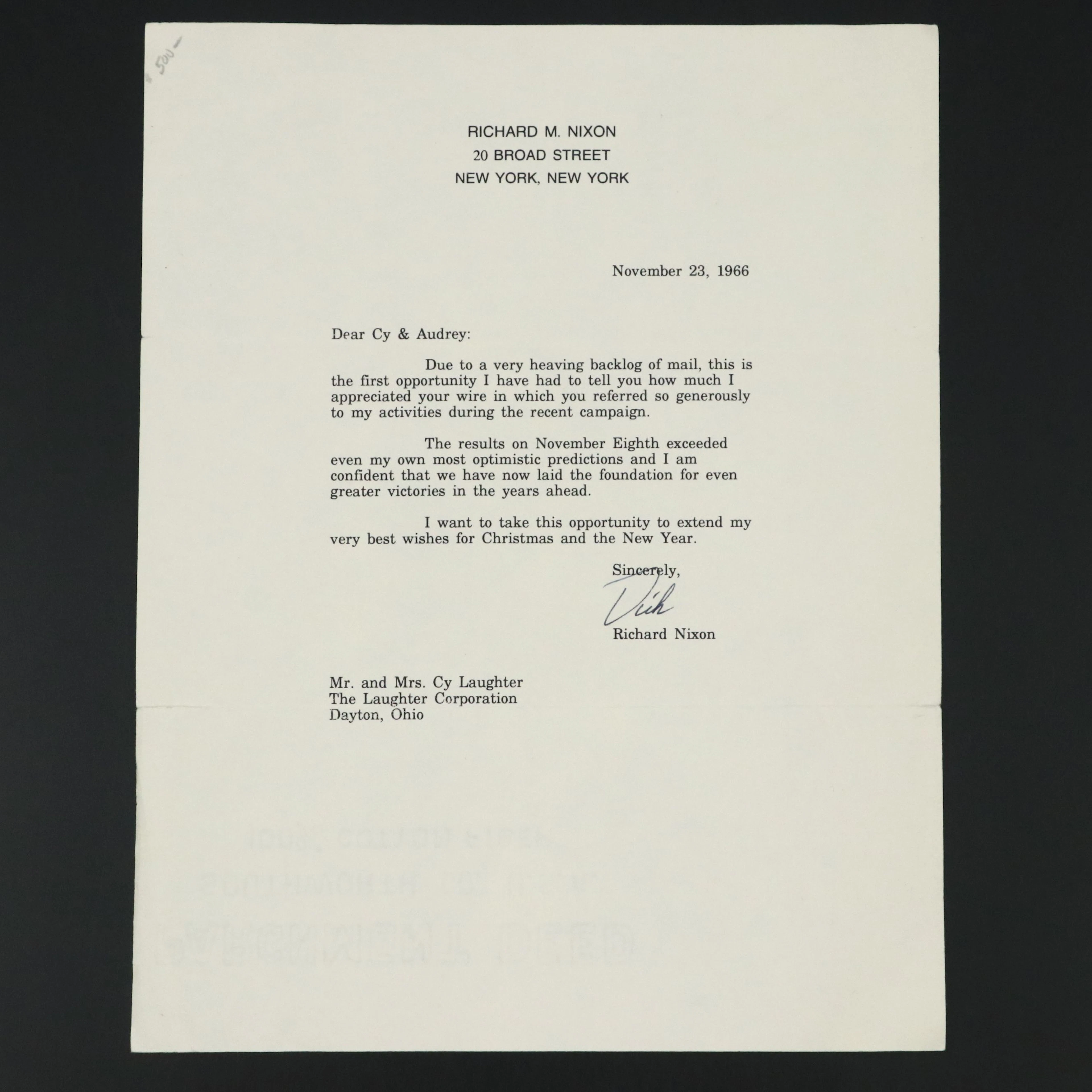 Richard "Dick" Nixon Secretarial Signed Personal Letter, 1966