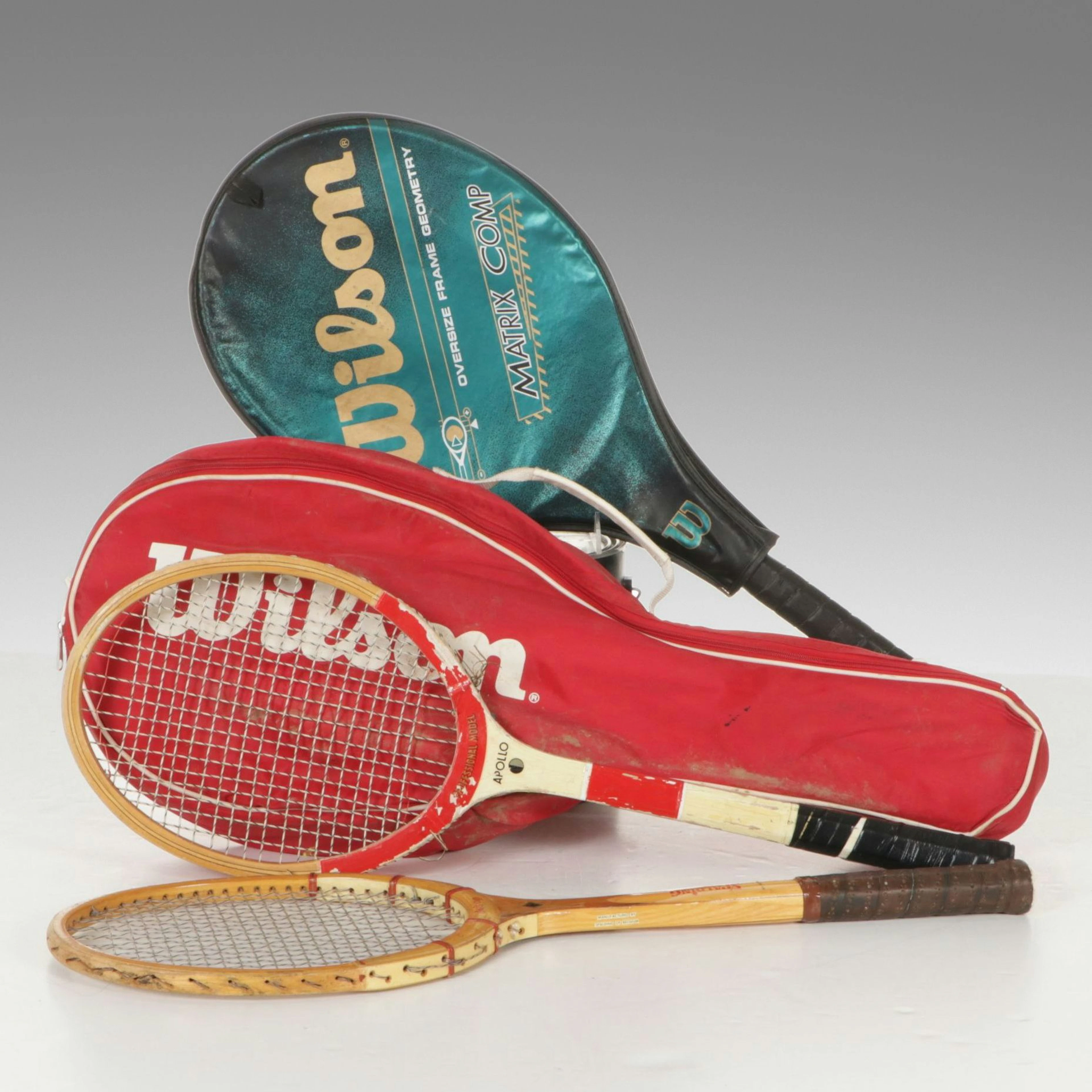 Wilson Matrix Comp Tennis Racket with Apollo and Spalding Wooden Tennis Rackets