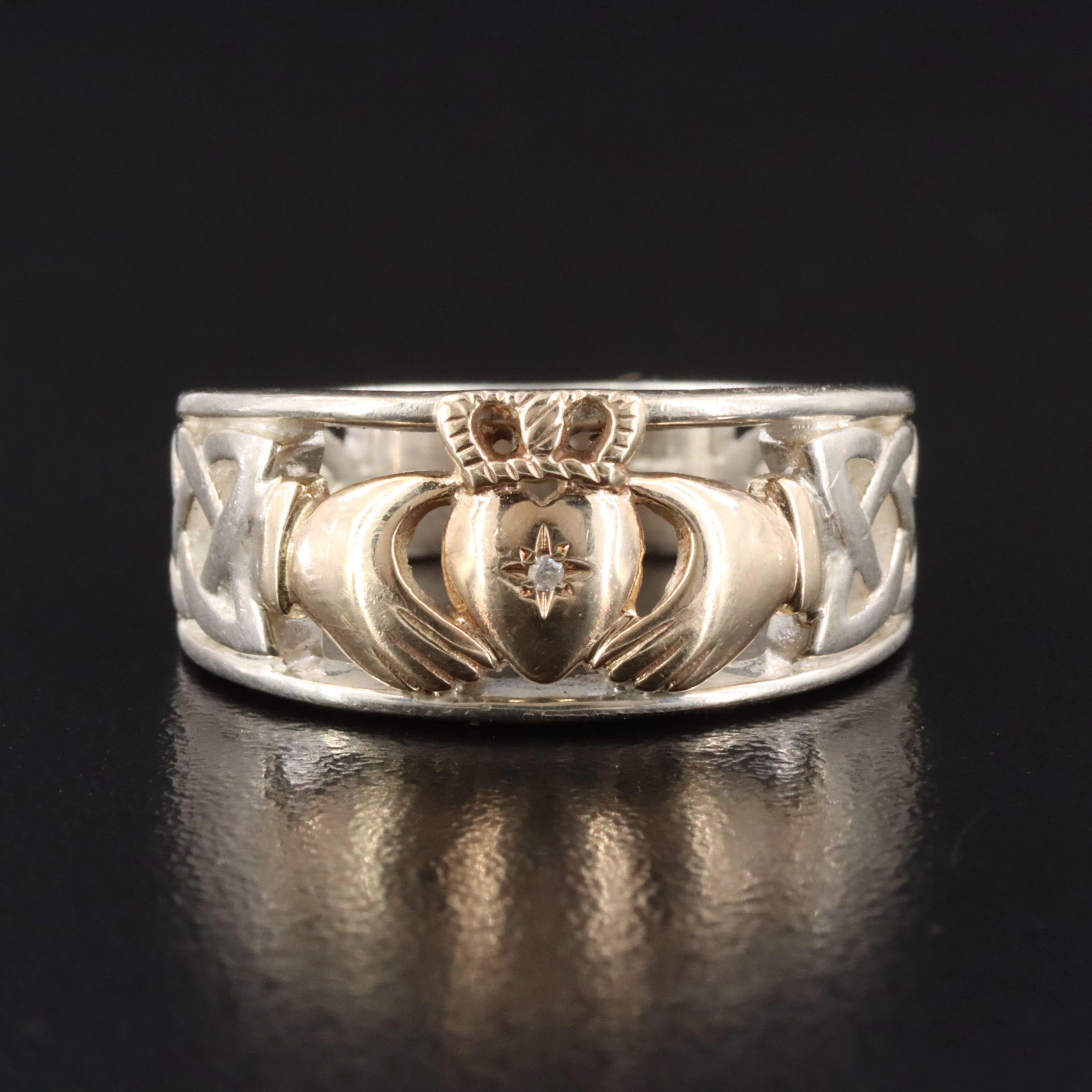 Sterling Diamond Claddagh Ring with 10K Accent
