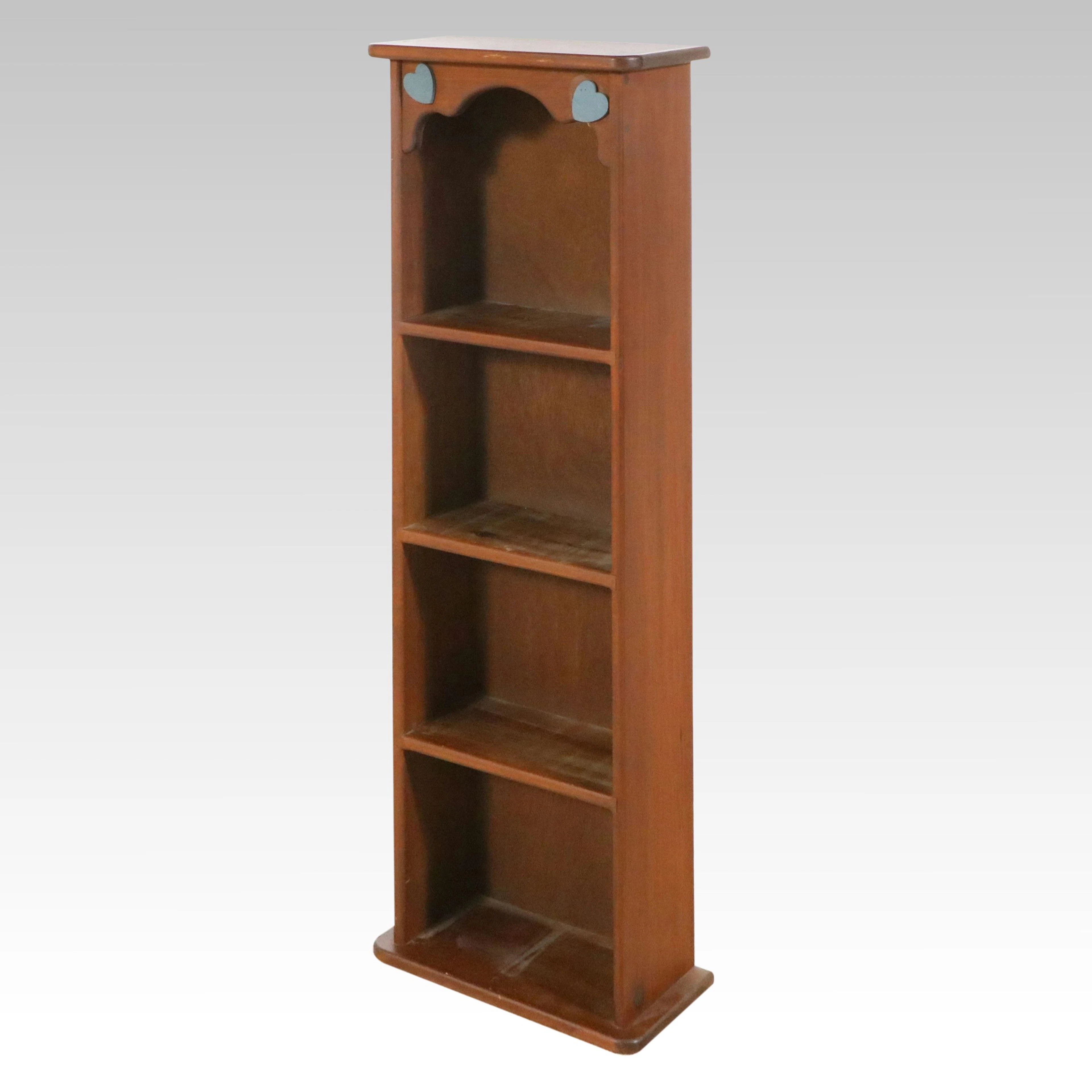 Country Style Wood Bookshelf with Blue Painted Hearts, 20th Century