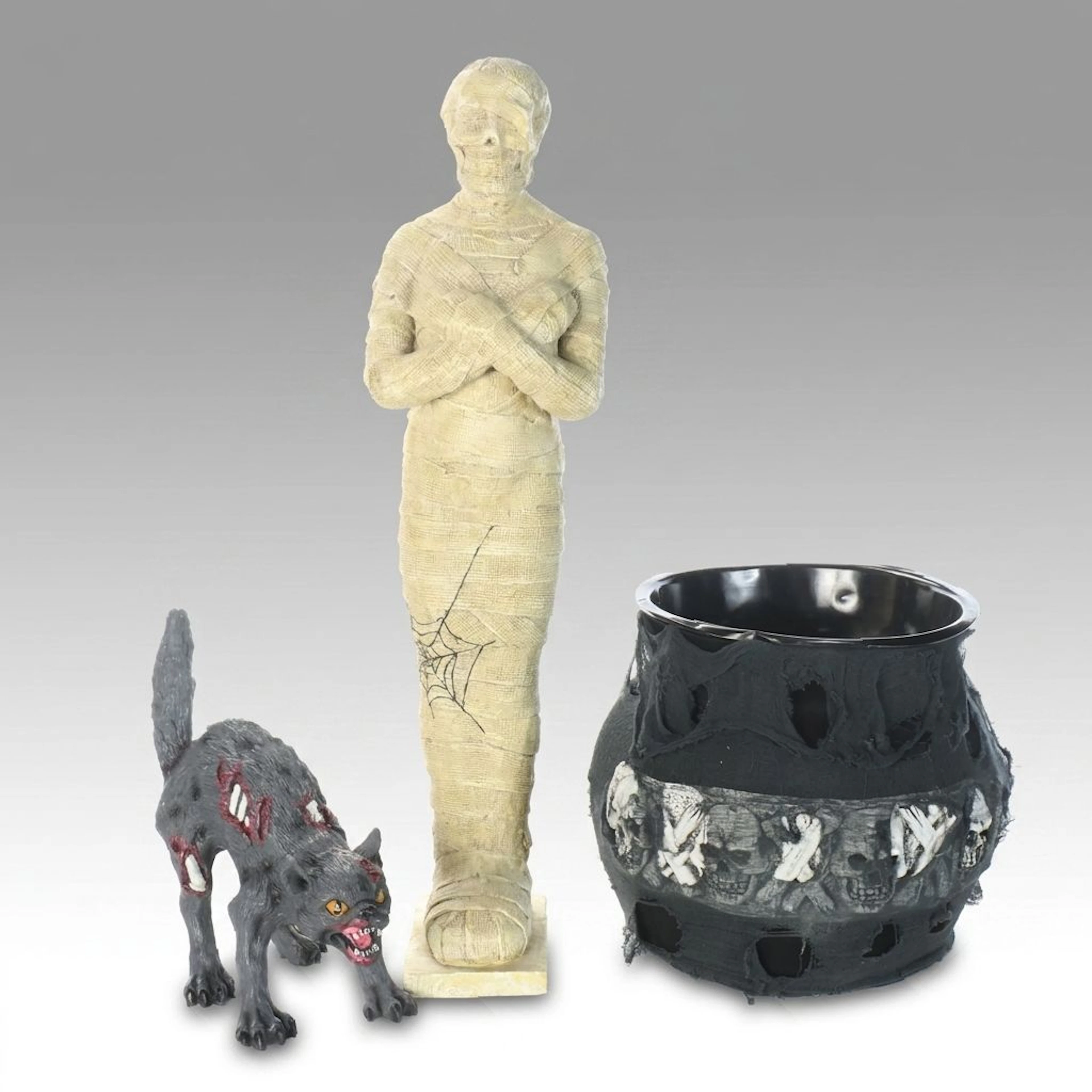 Mummy and Zombie Cat Halloween Figures with Skull Bucket
