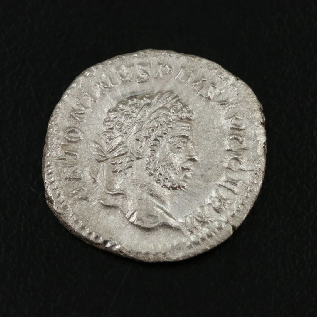 Ancient Roman Imperial AR Denarius Coin of Caracalla, ca. 215 A.D.