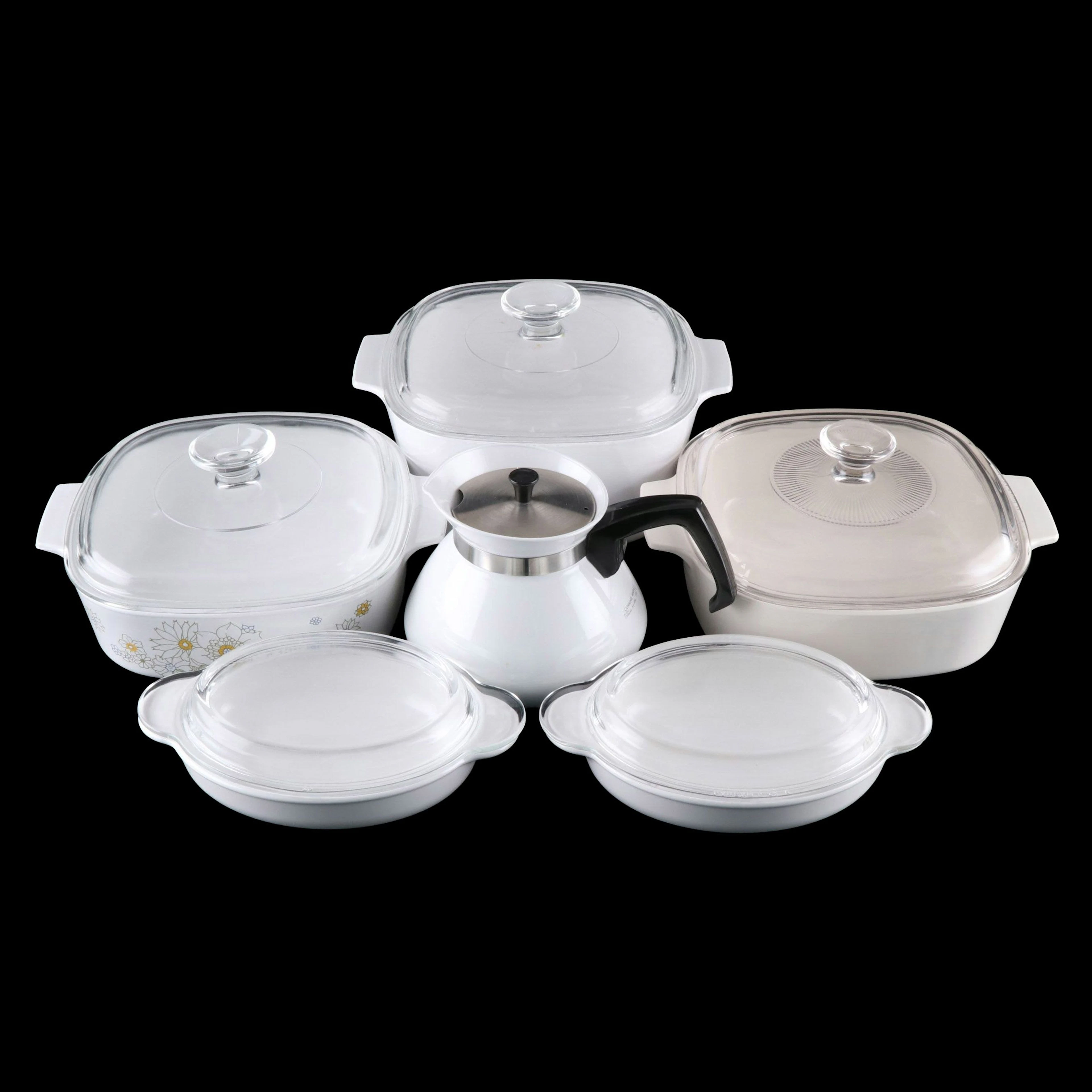 Corning "Floral Bouquet" and Other Covered Casseroles with Coffee Pot