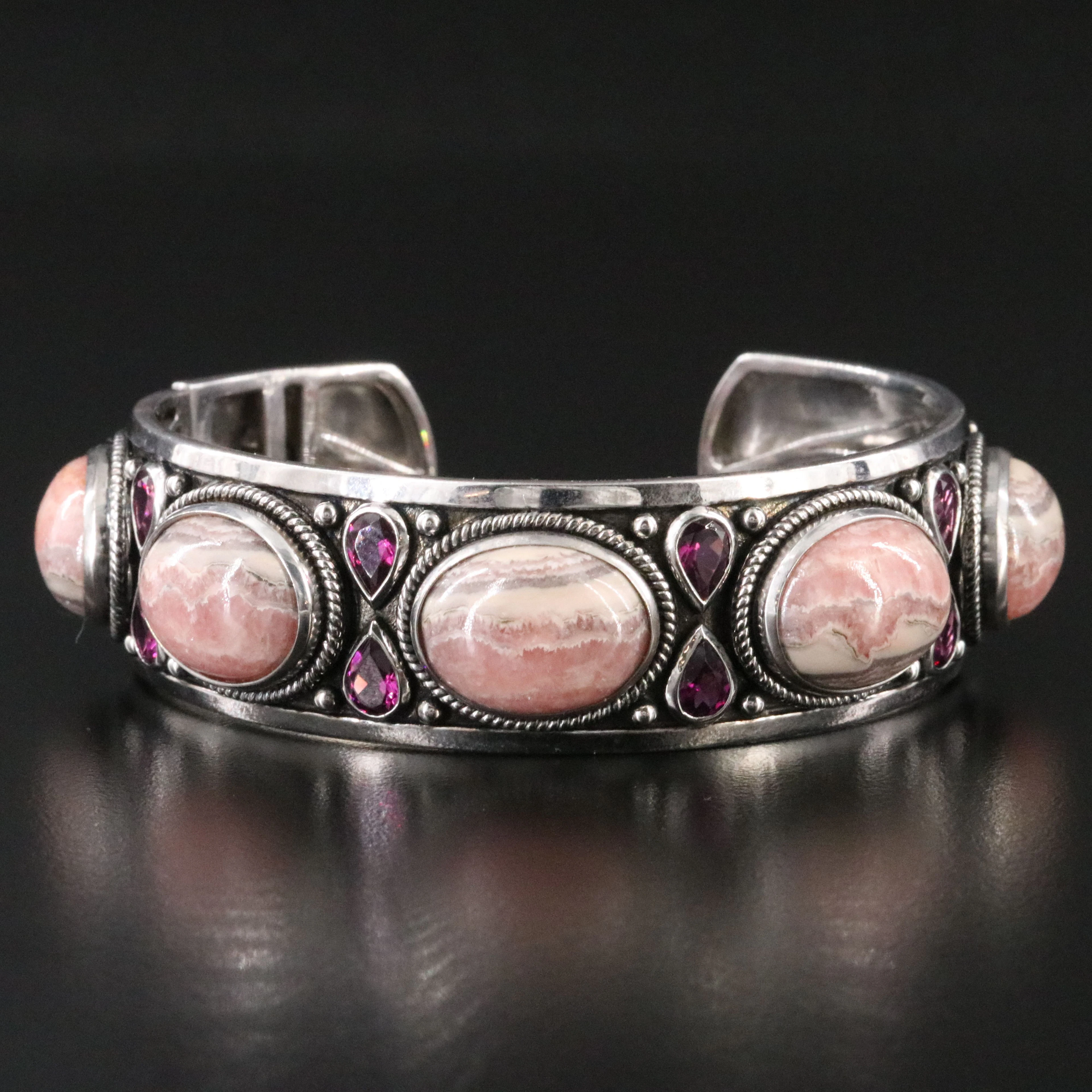 Sterling Rhodochrosite and Rhodolite Garnet Cuff Bracelet