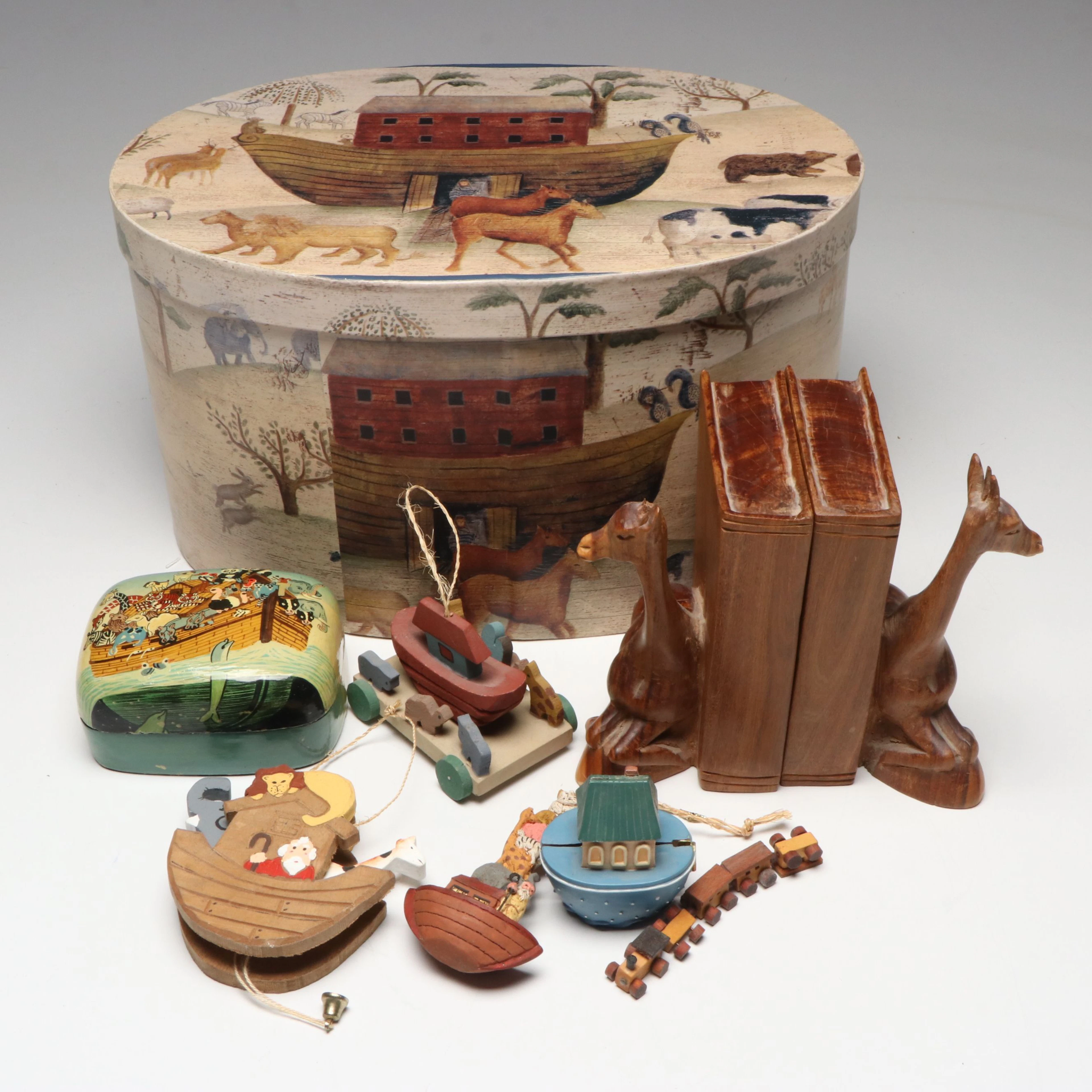 Rustic Ark Printed Cardboard Box with Wood Camel Bookends and Other Décor