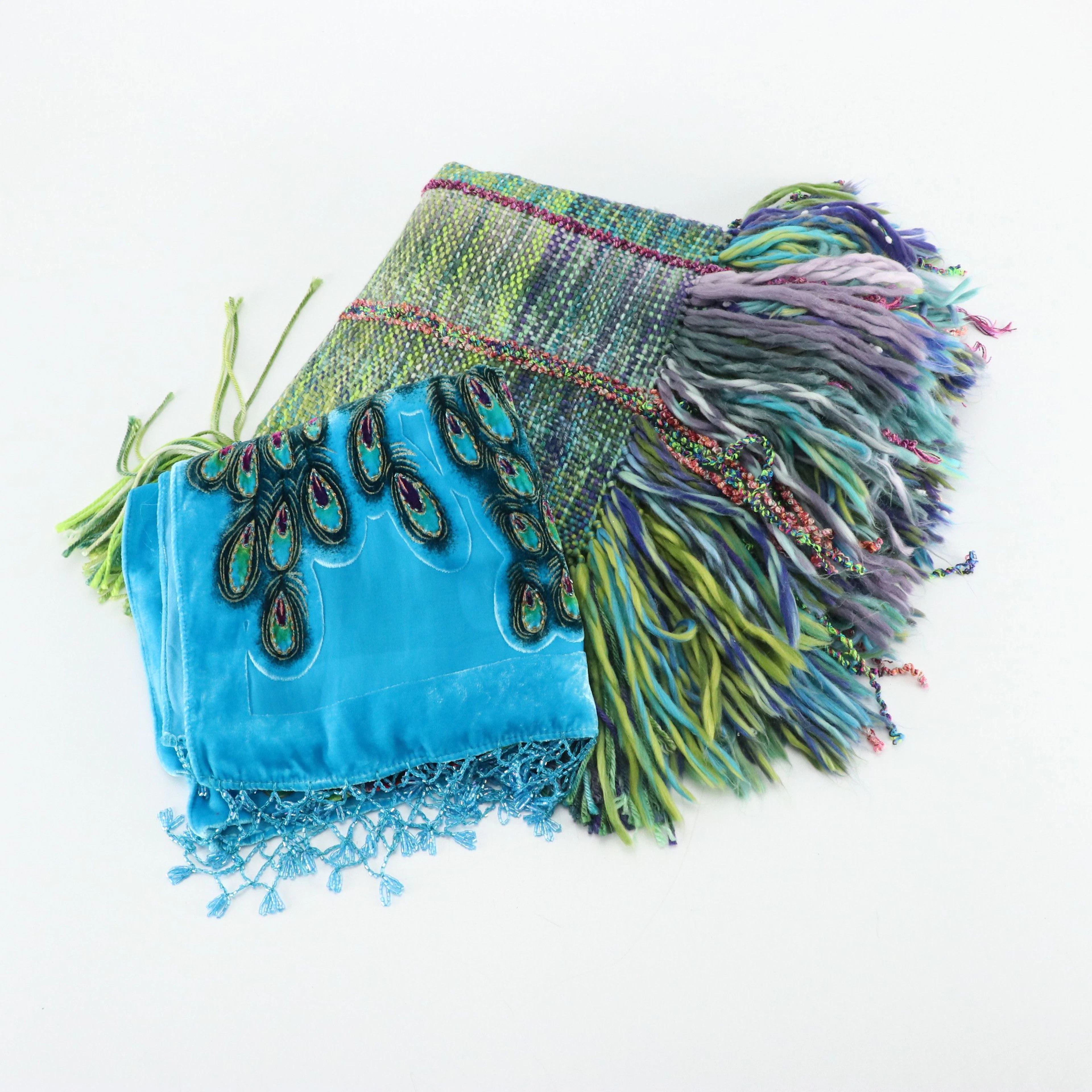 Suzanne Marie Fringe Knit Scarf with Other Beaded Peacock Scarf