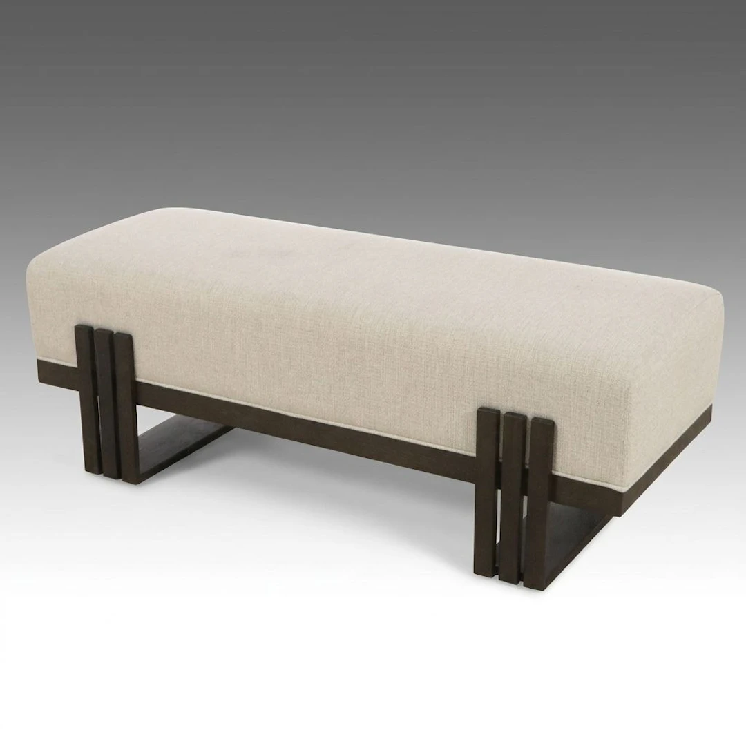 Contemporary Upholstered Bench with Dark Stained Slat Frame, 21st Century