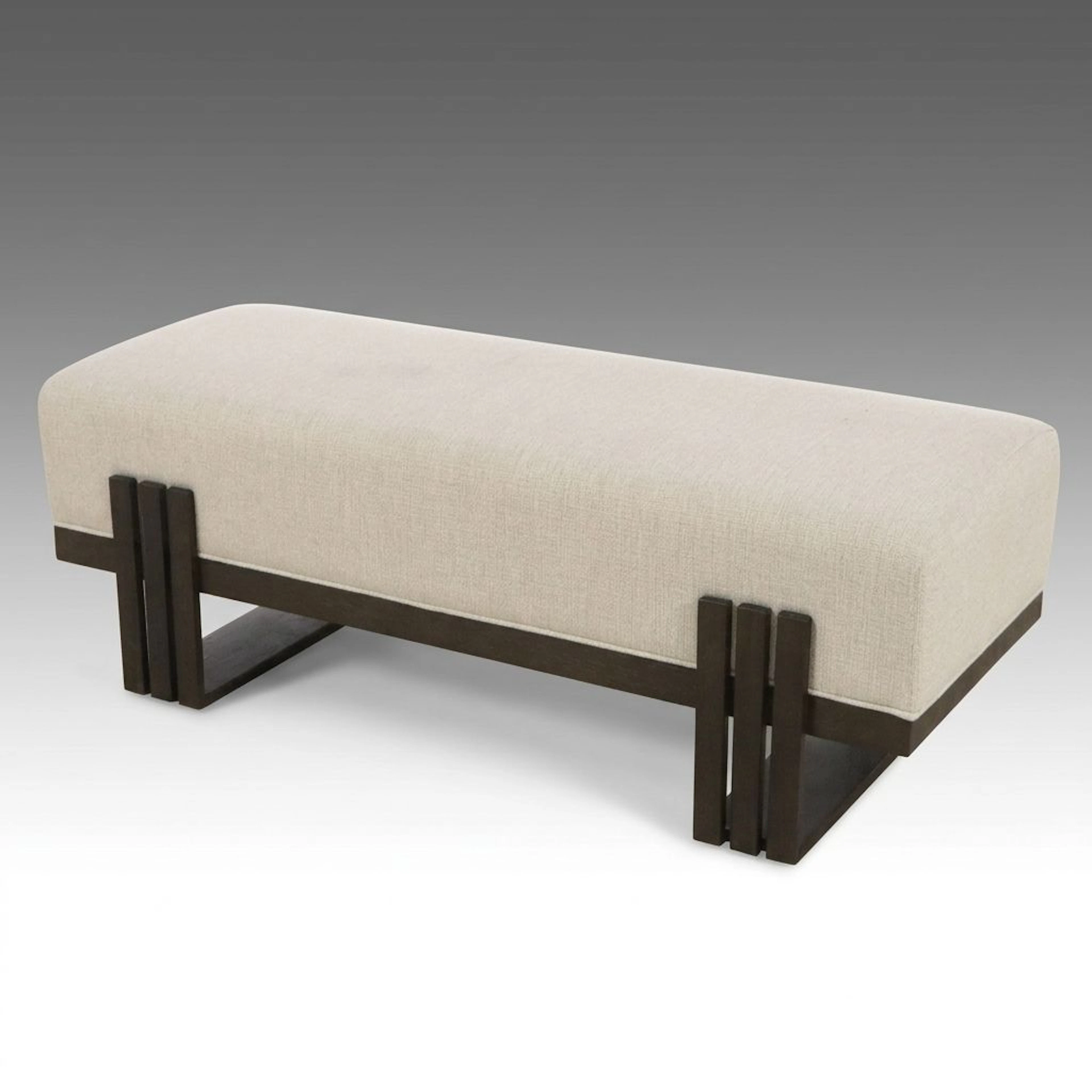 Contemporary Upholstered Bench with Dark Stained Slat Frame, 21st Century