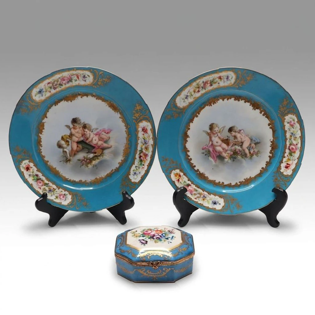 Sèvres Bleu Céleste Porcelain Plates and Le Tallec Limoges Box