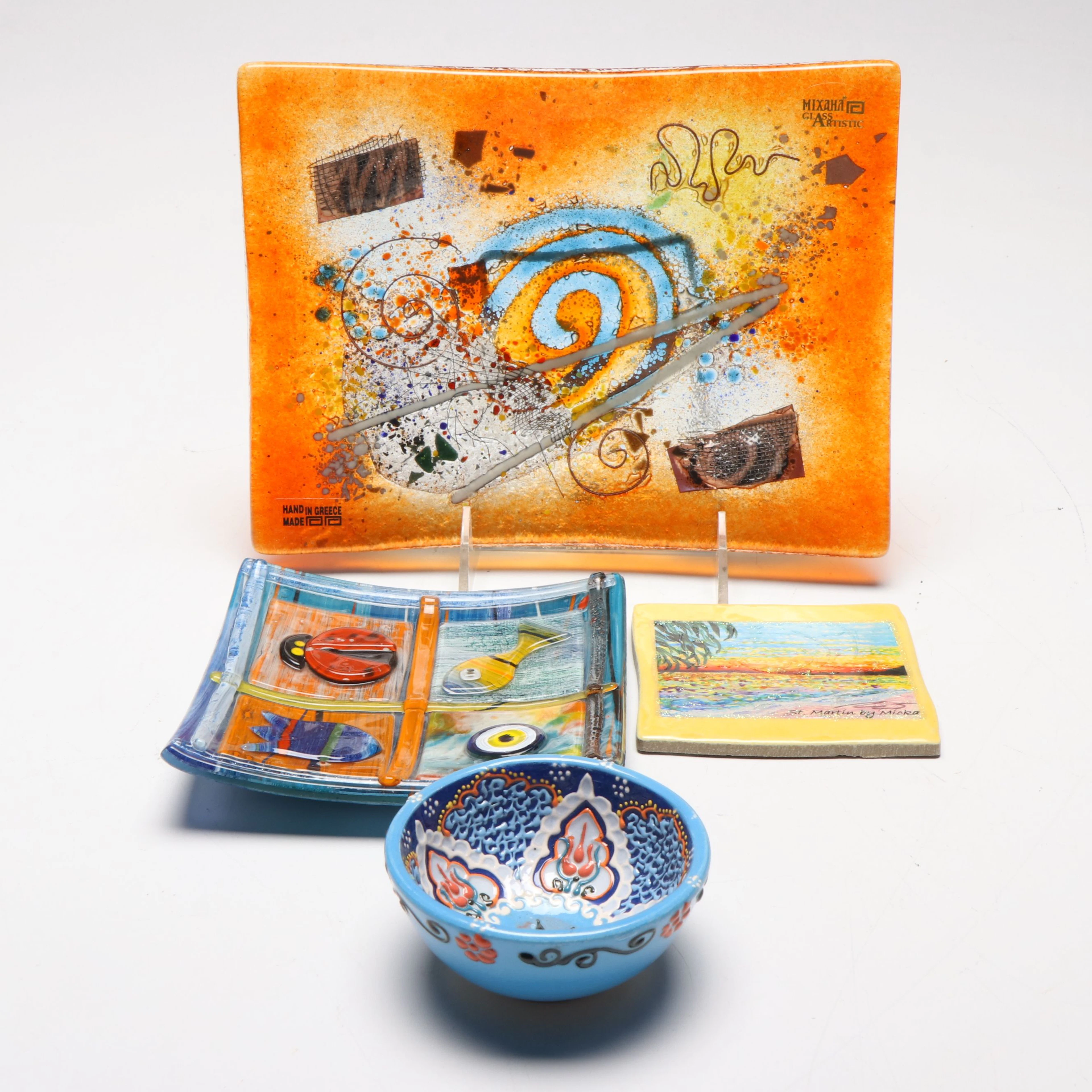 Mixaha Abstract Fused Glass Tray with More Art Glass and Ceramic Décor