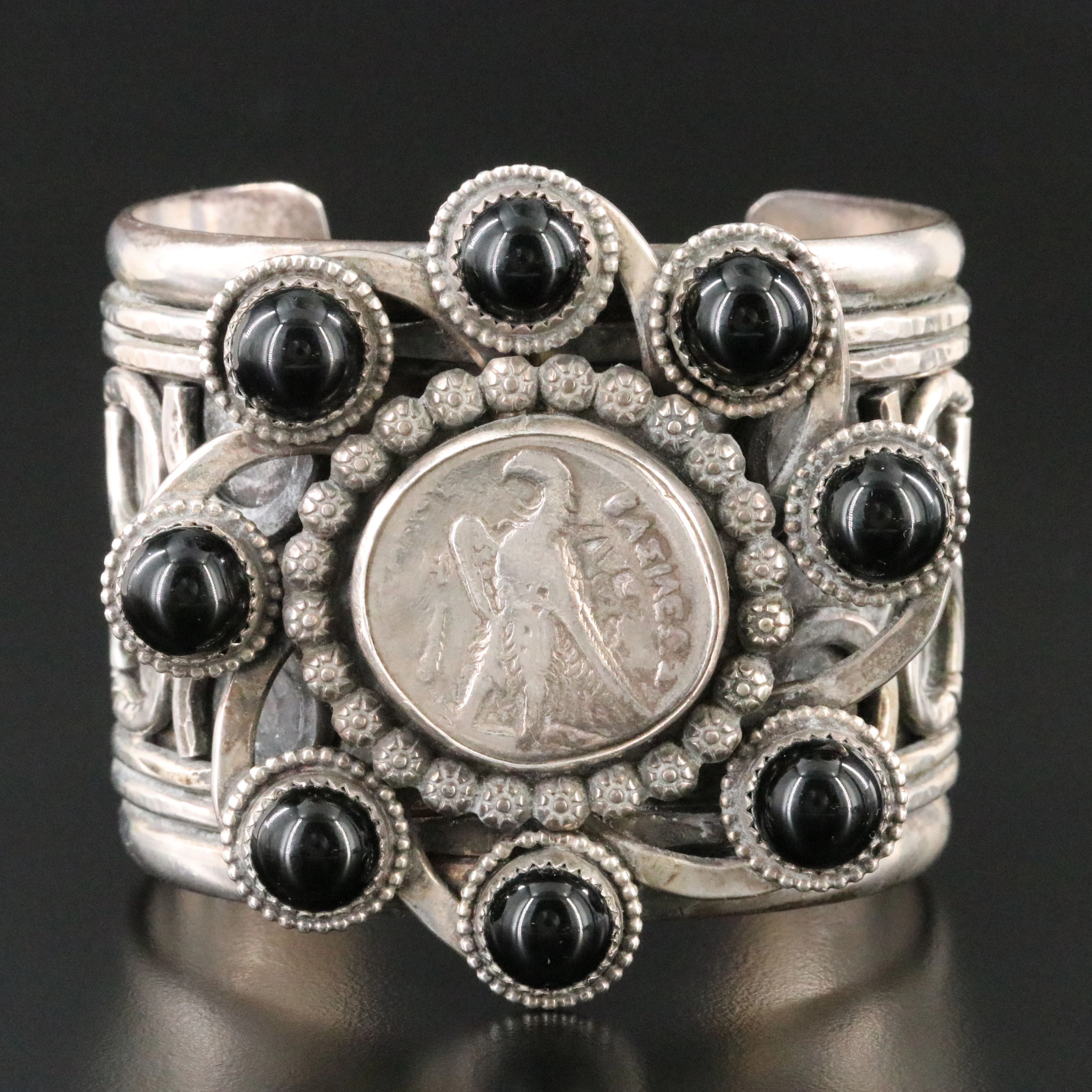 Signed Sterling Black Onyx Wide Cuff with Ancient Egypt Tetradrachm