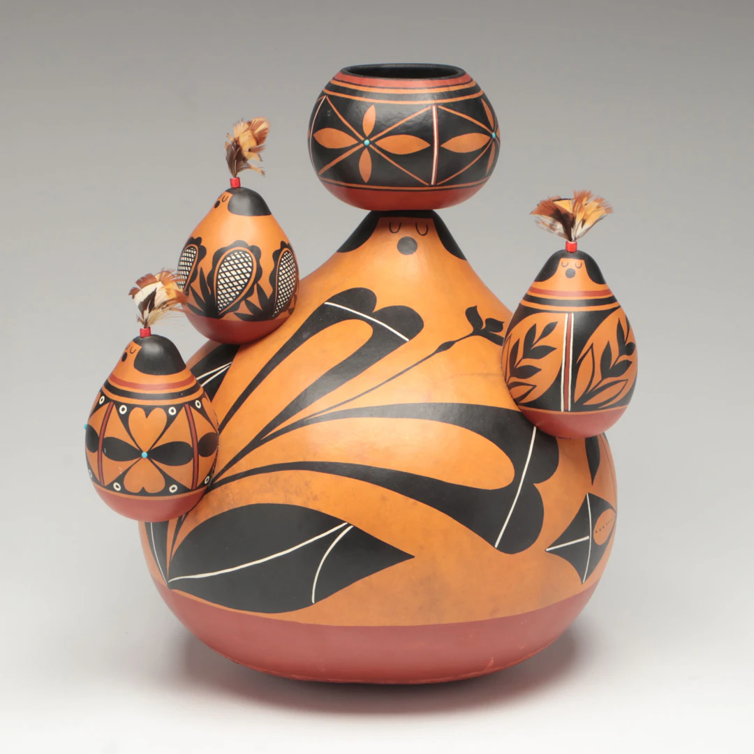 Ron Rivera Cochiti Gourd Sculpture with Pheasant Feathers