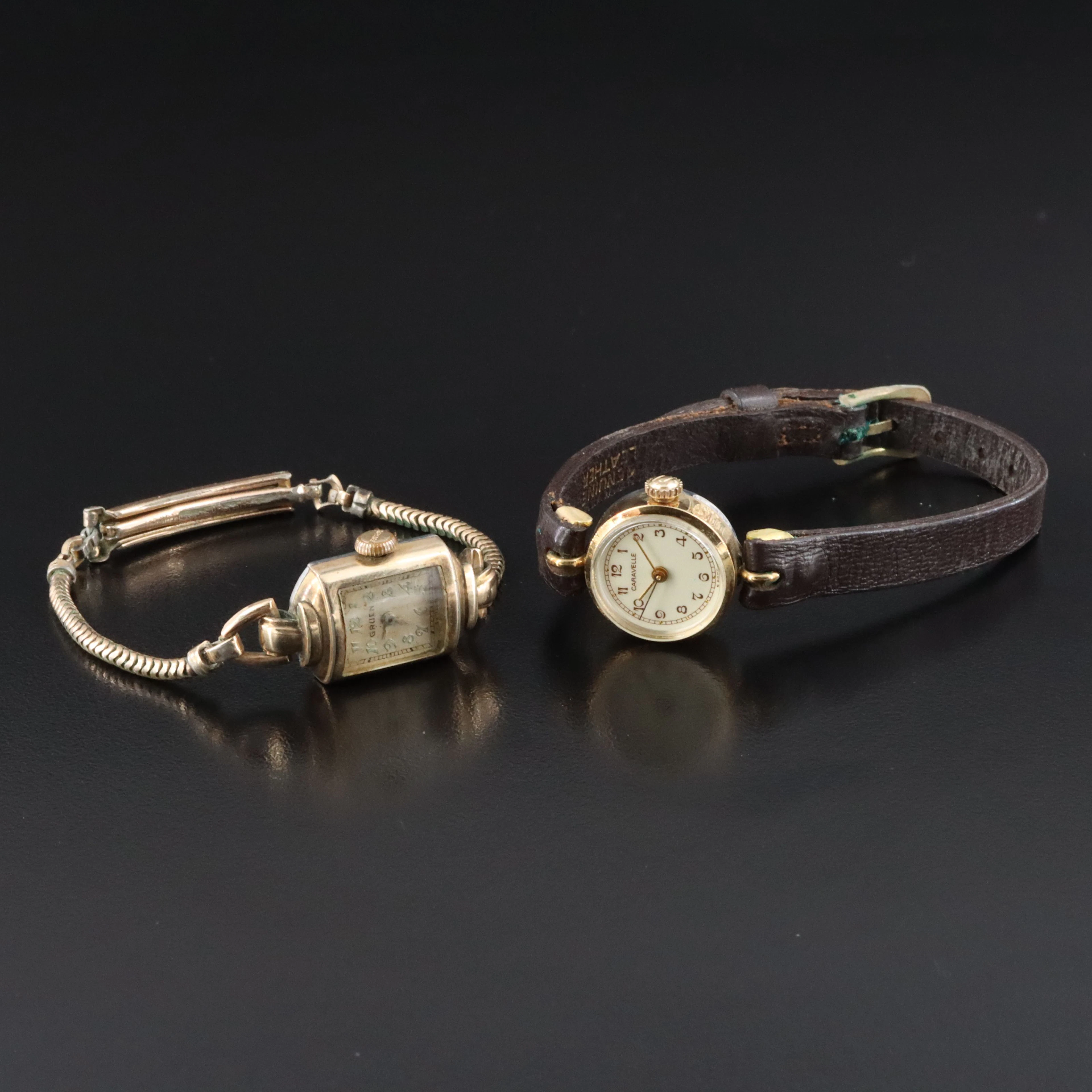 Vintage Gruen and Caravelle Gold-Tone Stem Wind Watches