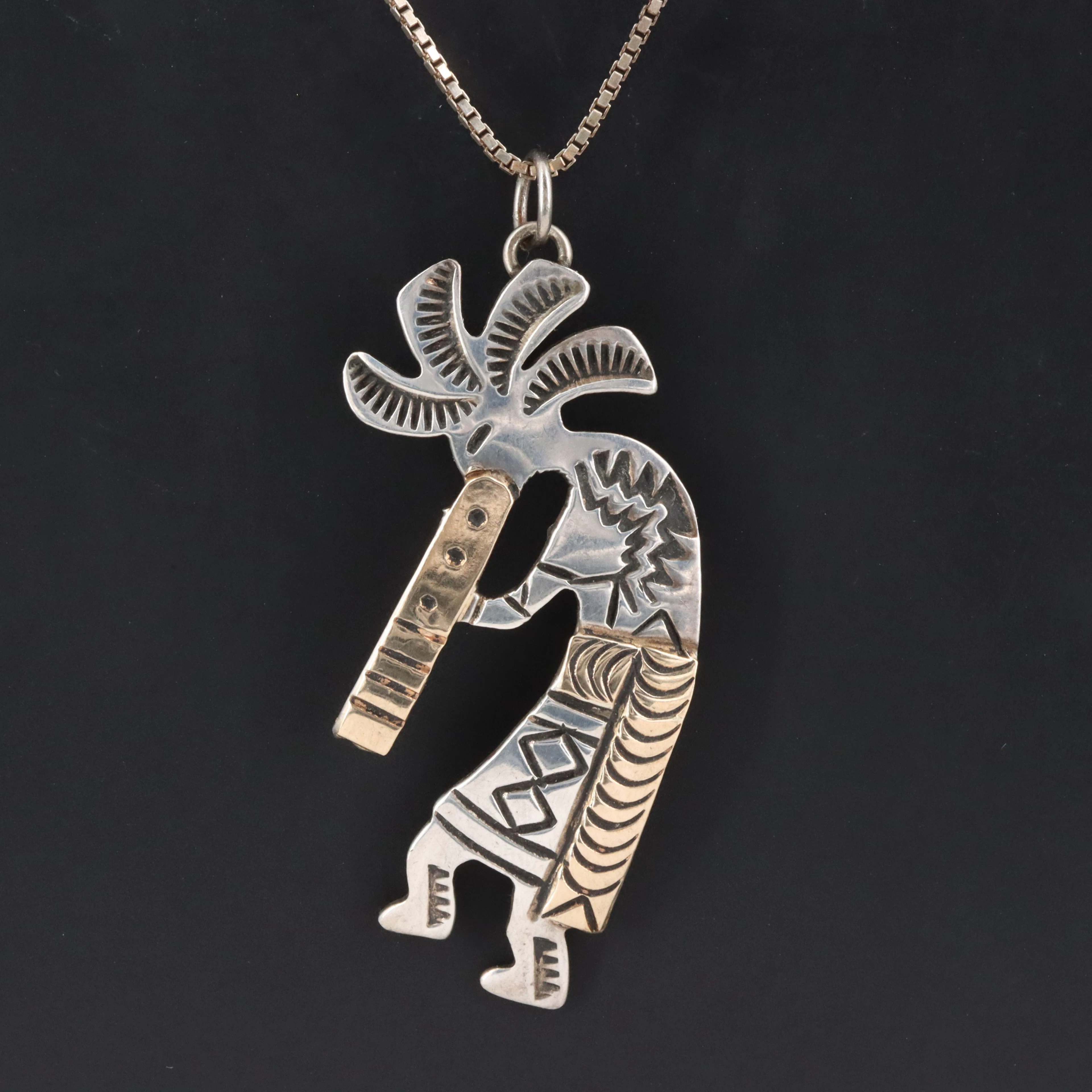 Signed Southwestern Sterling Kokopelli Pendant Necklace with 14K Accents