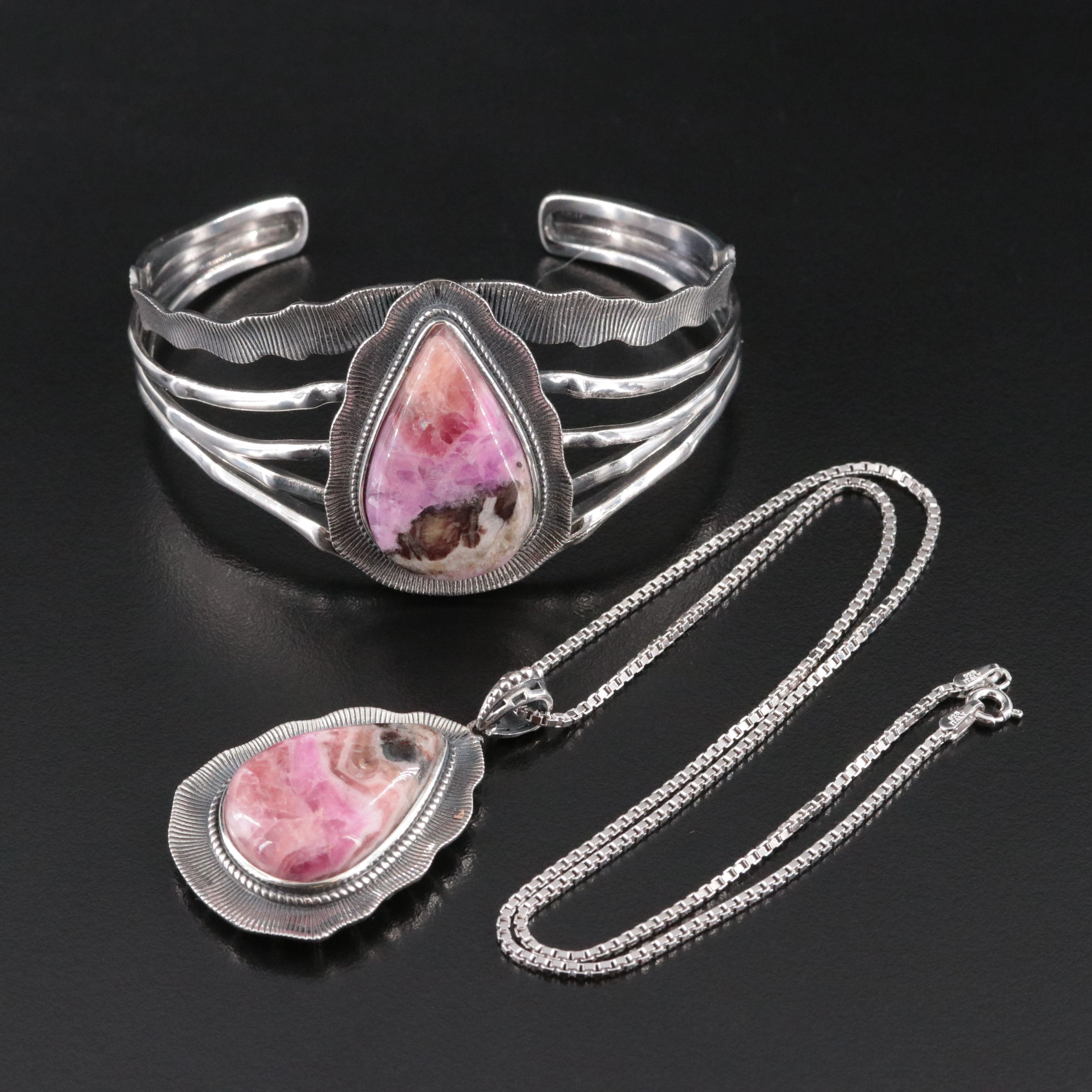Sterling Calcite Pendant Necklace and Cuff Bracelet