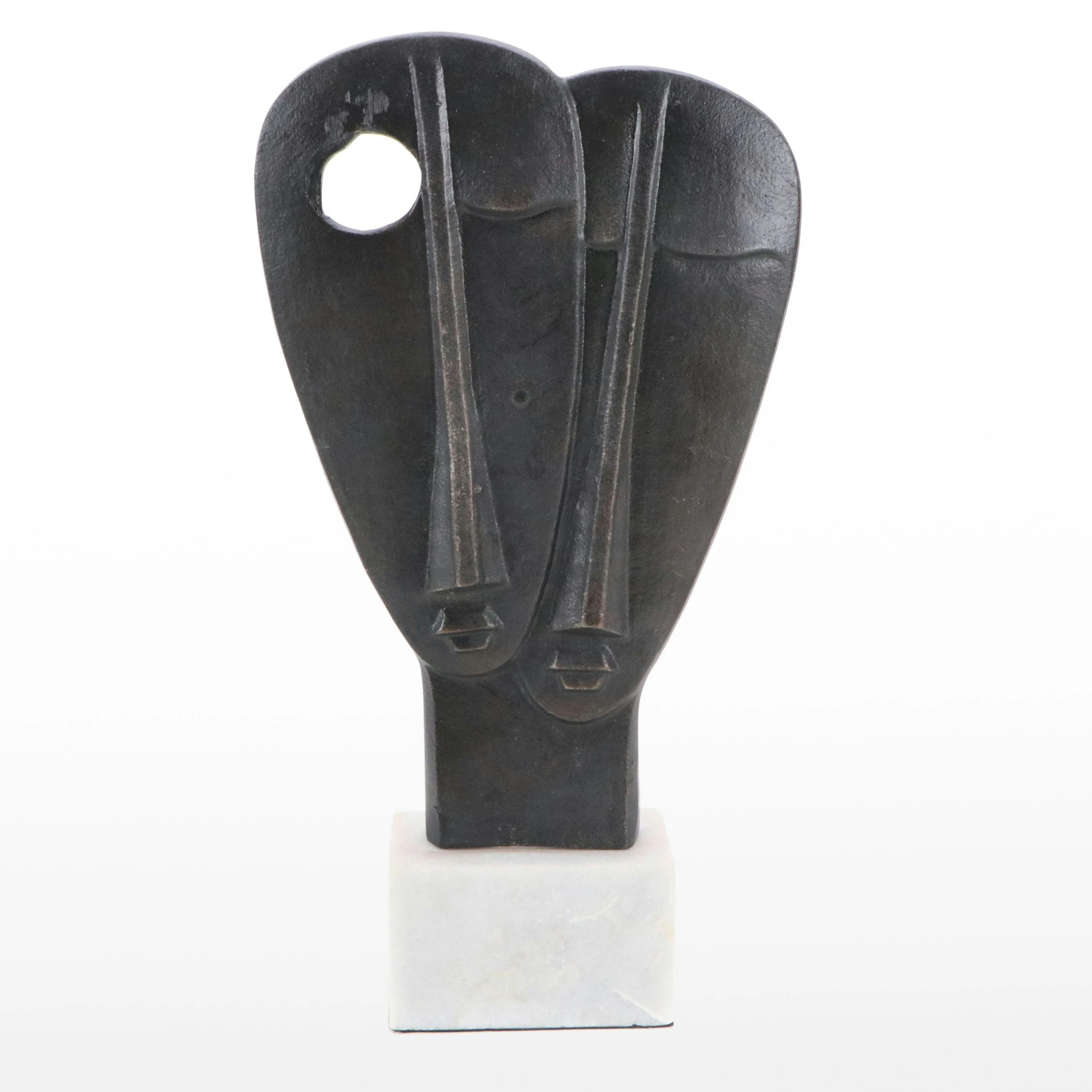 Cast Metal Two Faces Sculpture on Marble Base