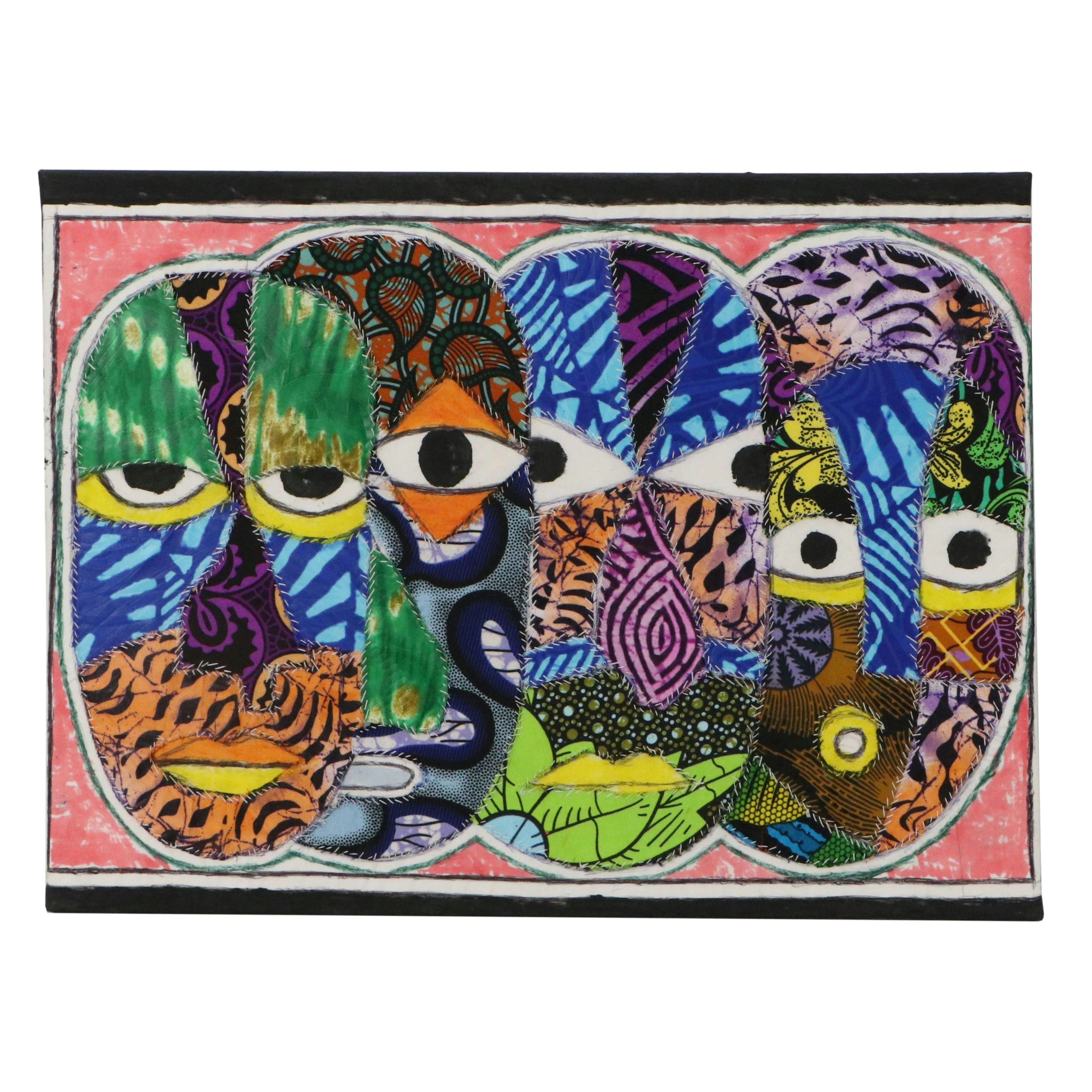 Kayode Buraimoh Stylized Mixed Media Collage of Four Faces, 21st Century