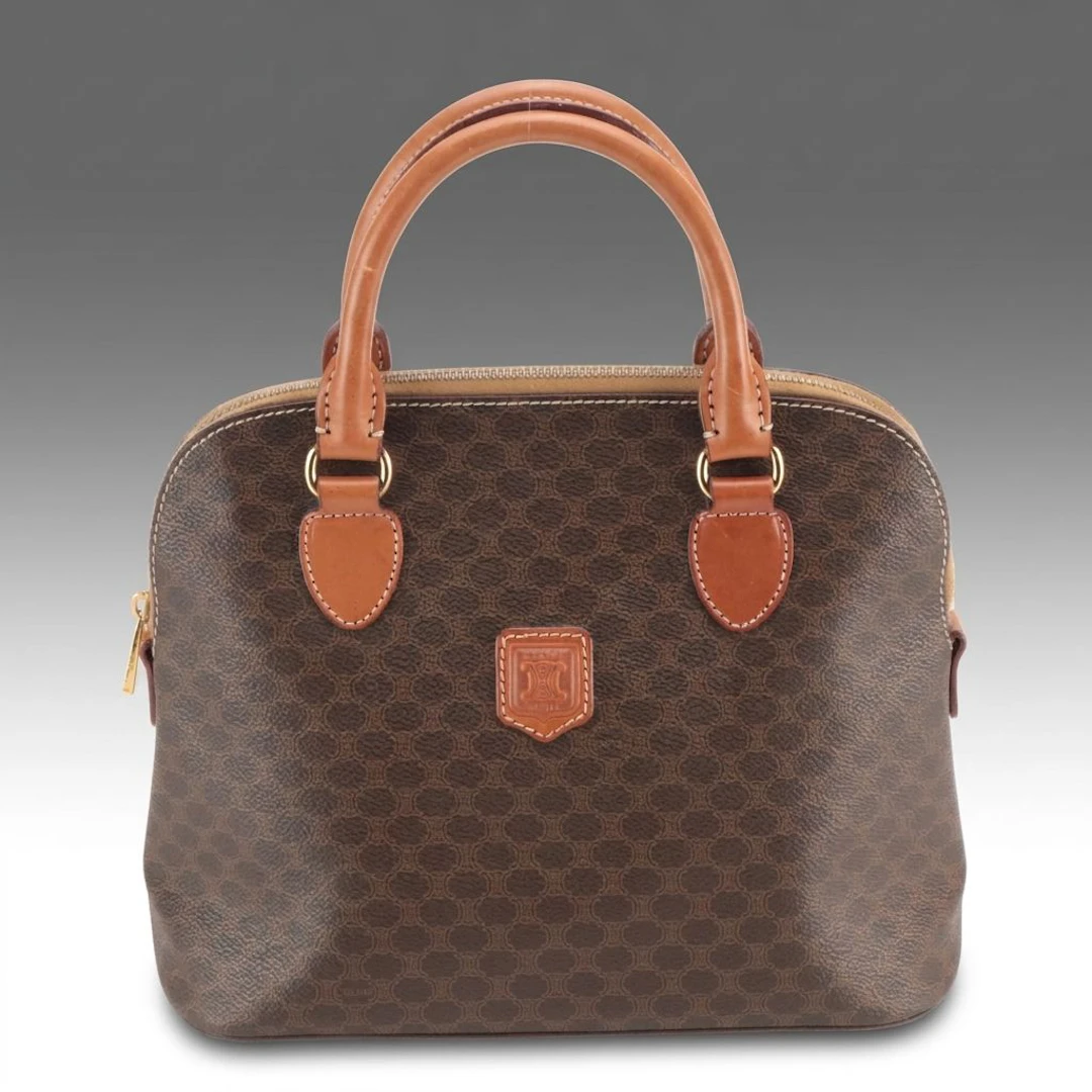 Celine Dome Handbag in Dark Brown Macadam Canvas and Leather