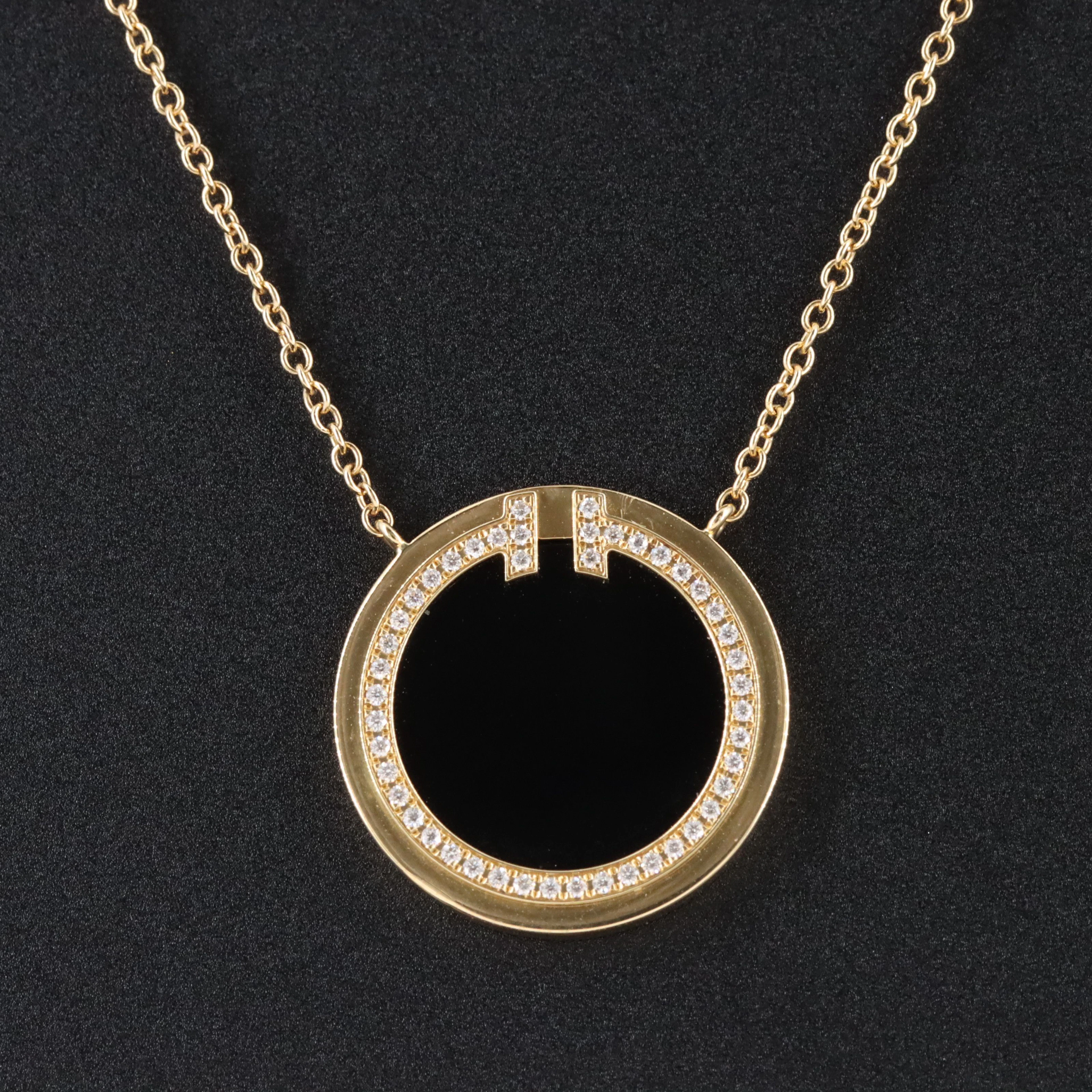Tiffany & Co. T 18K Black Onyx and Diamond Circle Pendant Necklace