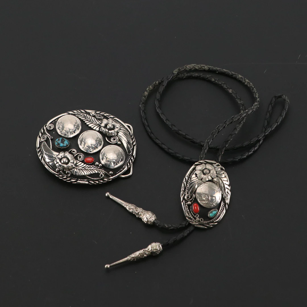 Sunset Trails Turquoise and Imitation Coral Buckle and Bolo Tie
